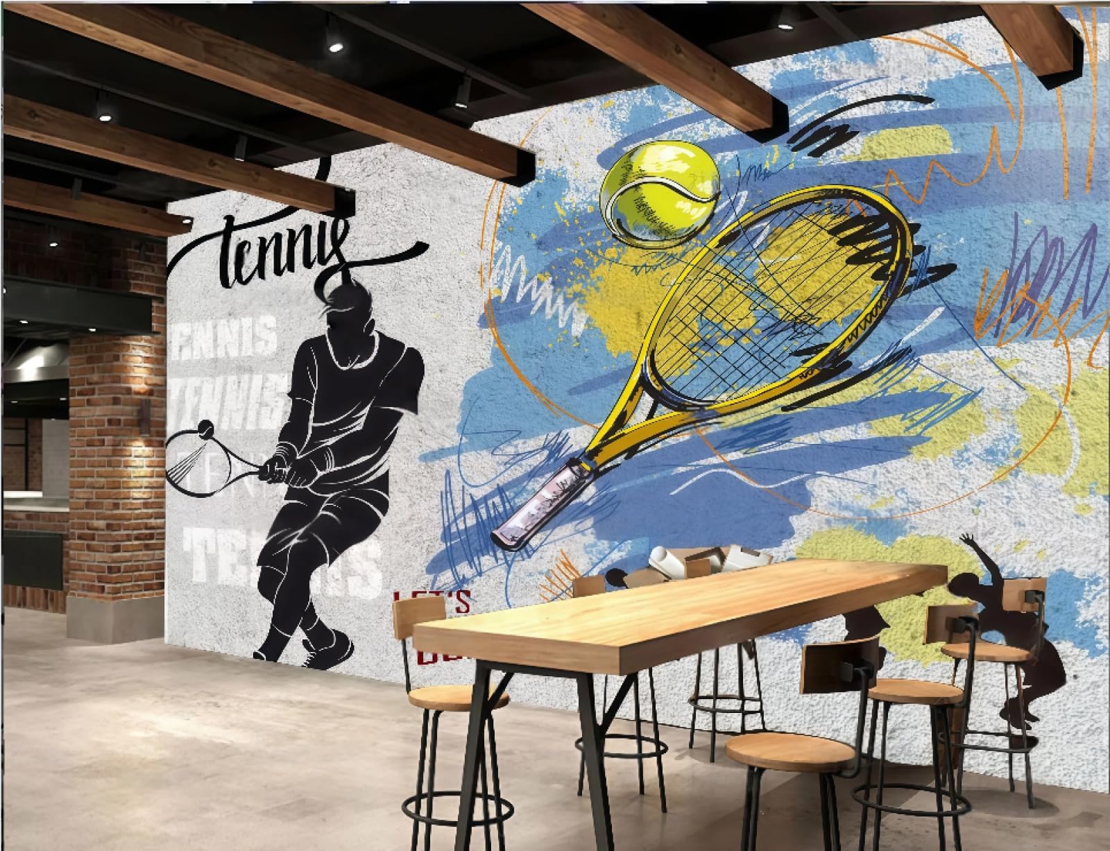 XDOUBAO Wallpaper Nostalgic Cement Wall Personalized Tennis Graffiti Gym Afternoon Tea Western Restaurant Background Wall Wallpaper Coffee Shop Mural,3D,200x140cm