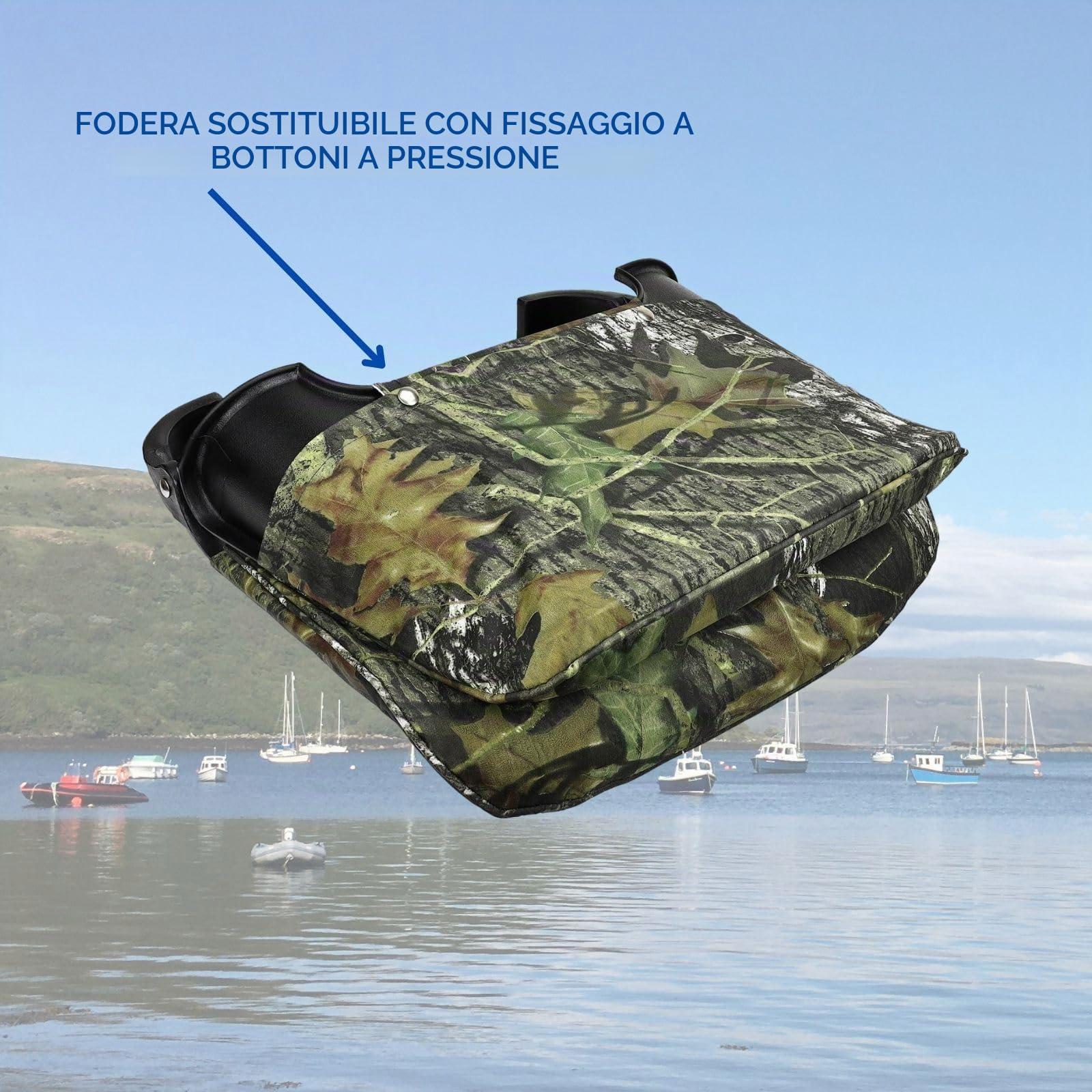 Sedile per barca Fischermann Comfort Mossy Oak Break Up | | Sedile per barca/timone pieghevole con imbottitura bassa del sedile e dello schienale | 51 x 36 x 46 cm