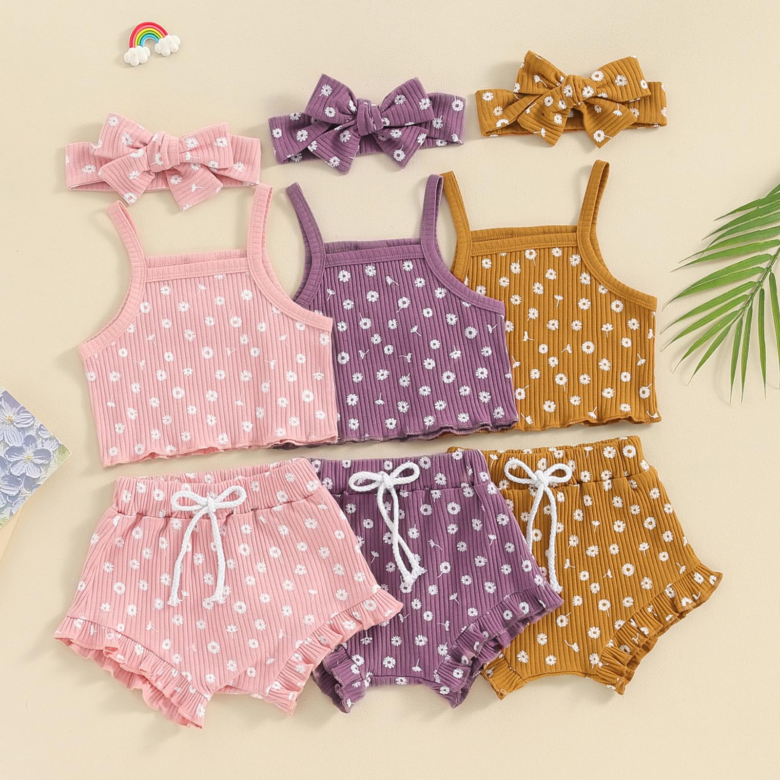 Lnzyyephy Infant Baby Girl Clothes Sleeveless Ribbed Floral Print Tank Tops Ruffle Bloomer Shorts Newborn Summer Outfits Set (A-Purple, 0-3 Months)