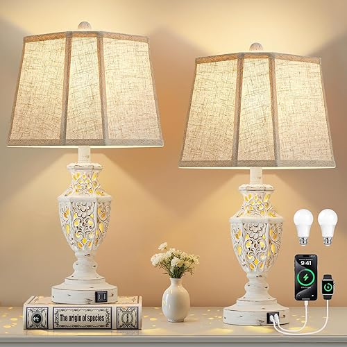 Miniatura 10 de Lámparas para mesitas de noche, juego de 2 - 23.5" lámpara vintage para mesita de noche con USB A+C y luz nocturna - lámpara de escritorio de granja