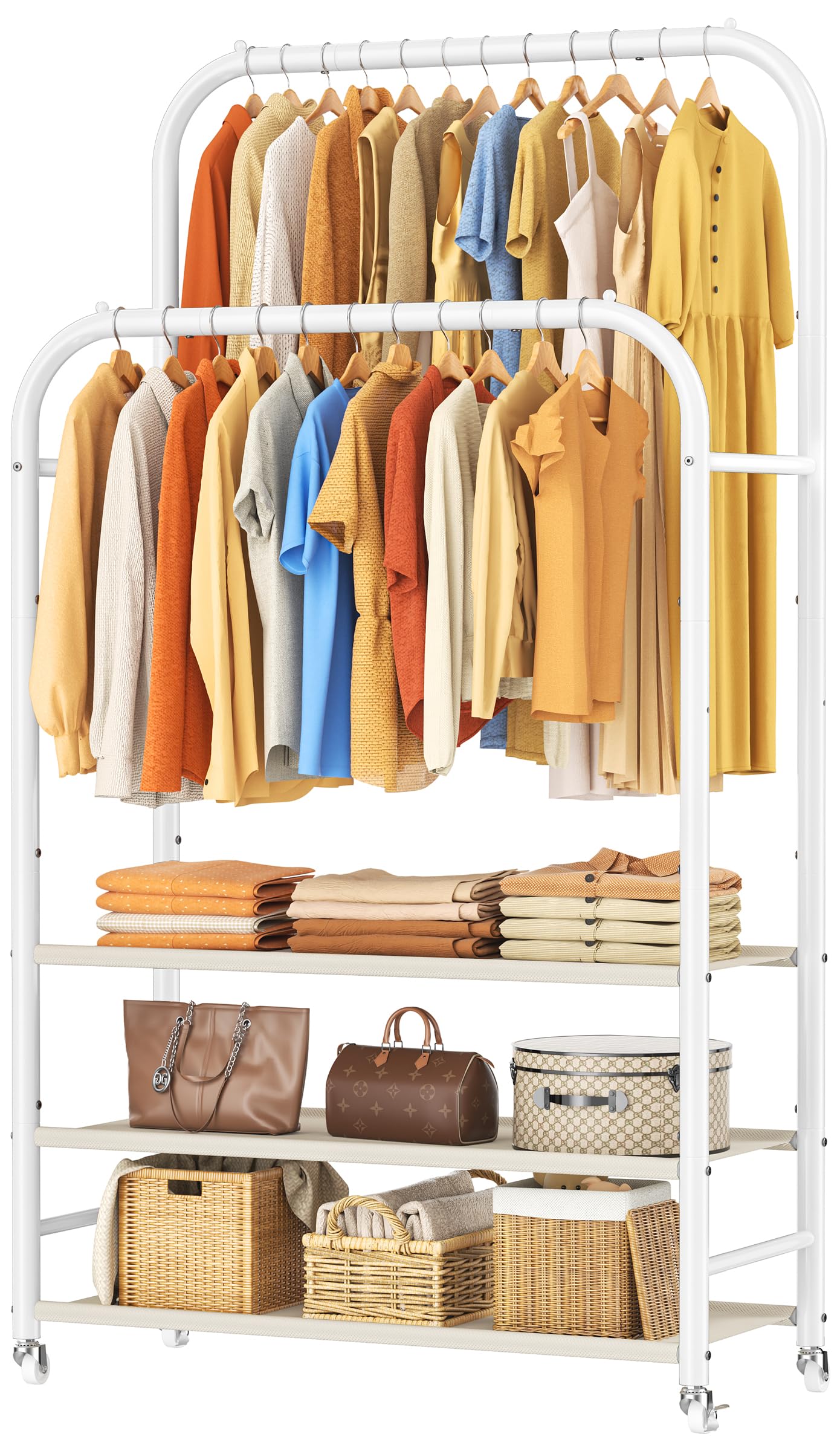 HOMIDEC Double-Rod Clothes Rail, Heavy-Duty Clothing Rail with 3-Tier Dust-proof Fabric Non-Woven Shelves, Metal Garment Rack with Wheels for Bedroom, Holds up to 80 kg, White