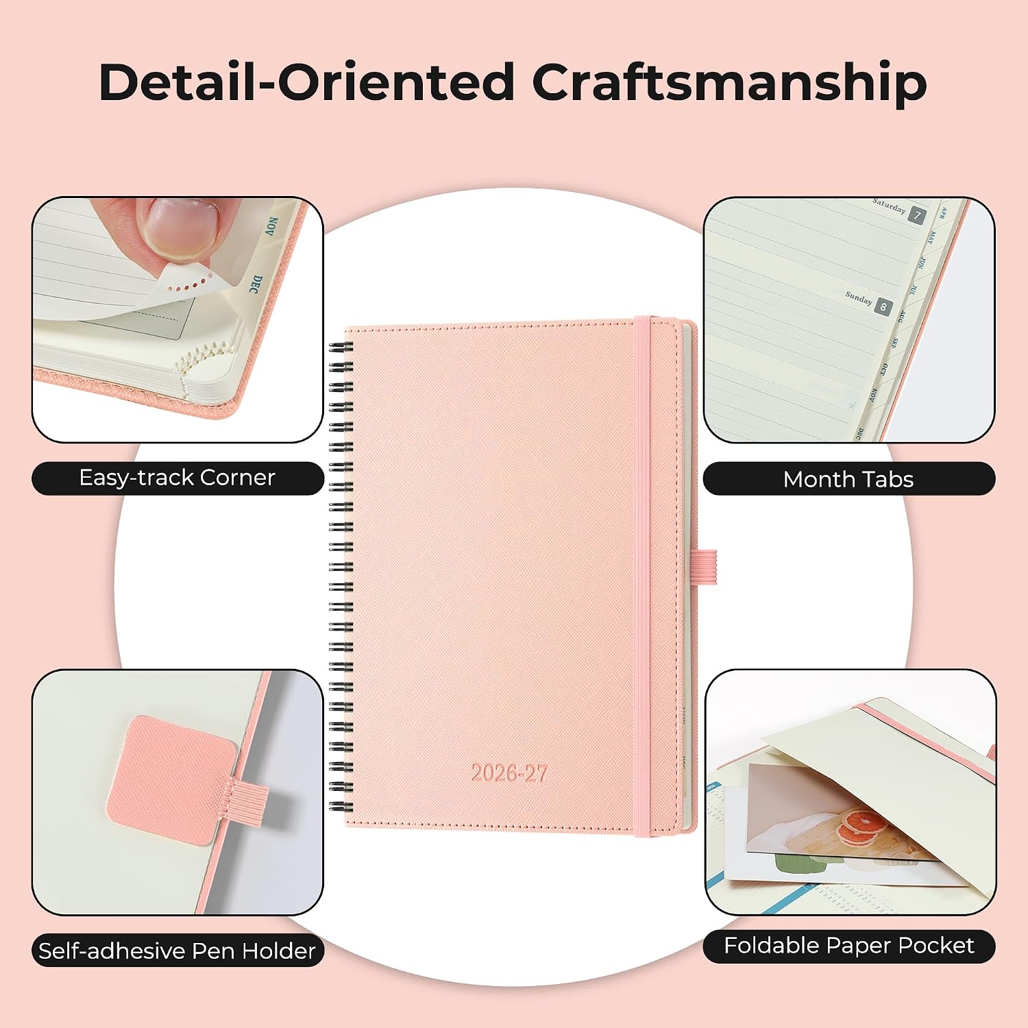 Planner 2026-2027 Daily Weekly and Monthly,8.5"x6.5",18 Months Spiral Bound Calendar Agenda with Self-adhesive Pen Holder,2026 Academic Plan with Vegan Leather Soft CoverPink