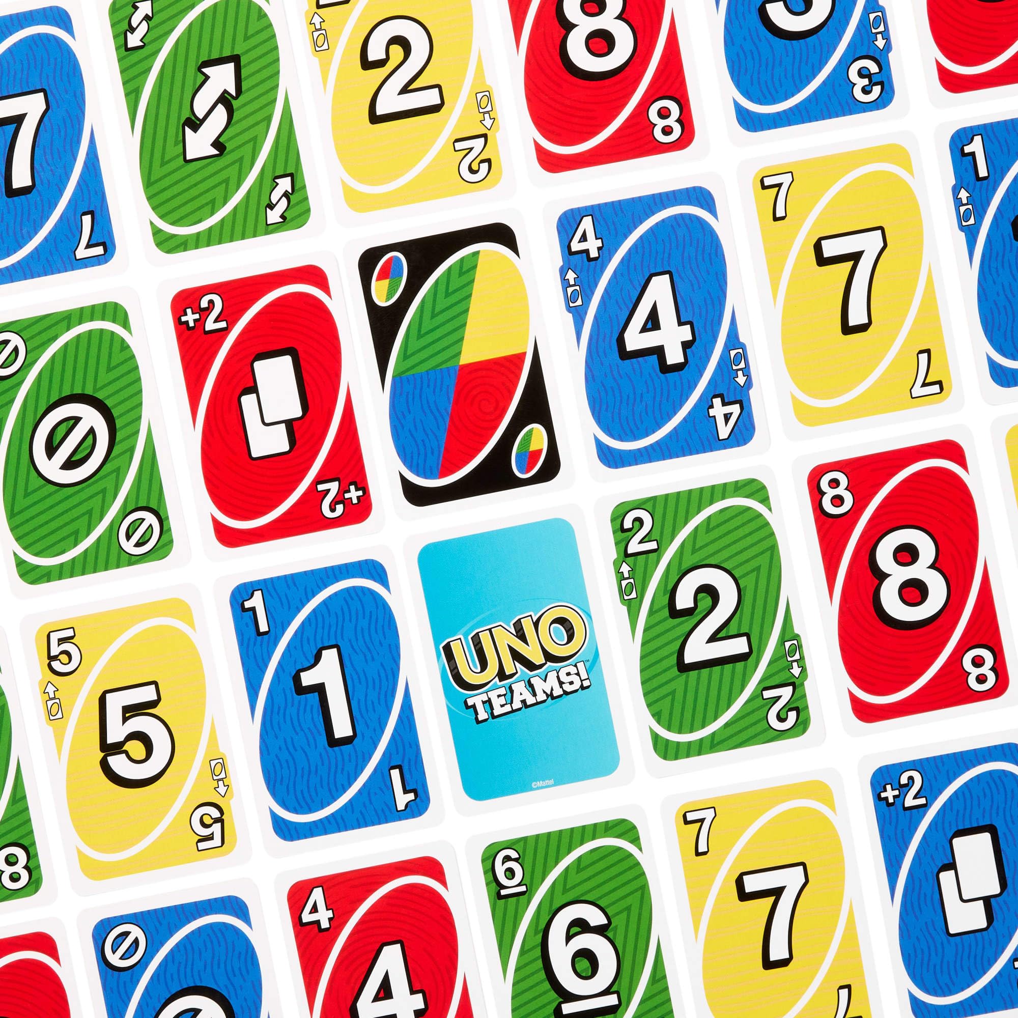 Mattel Games UNO Teams Gra karciana dla dzieci, dorosłych i rodzin na wieczór gier, imprezę i wyjazd, przeznaczona do gry w 2-osobowych zespołach, zawiera reguły specjalne, JDM40