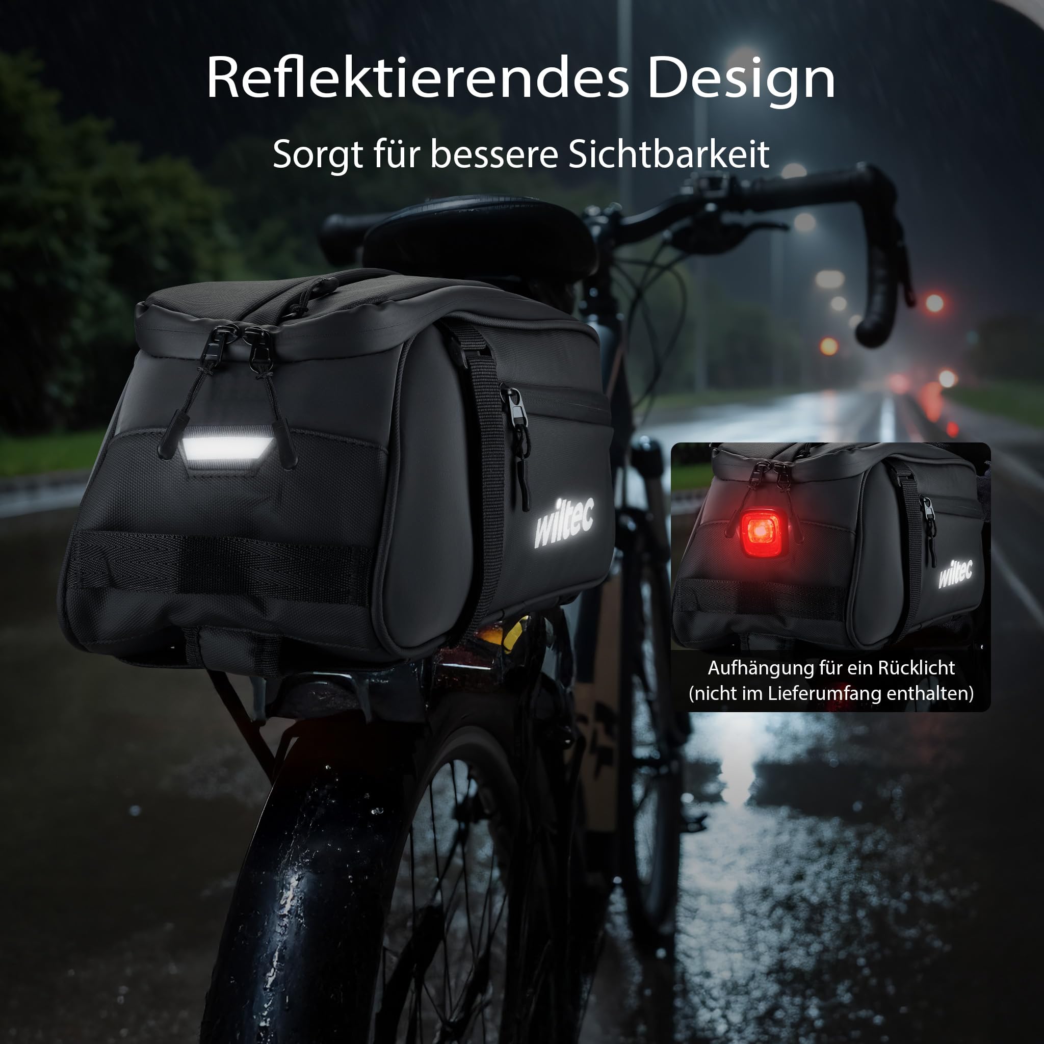 Wiltec Gepäckträgertasche schwarz, Fahrradtasche Gepäckträger 8 l Stauraum, Gepäcktasche mit Tragegurt, Fahrrad Tasche wasserresistent mit Reflektoren