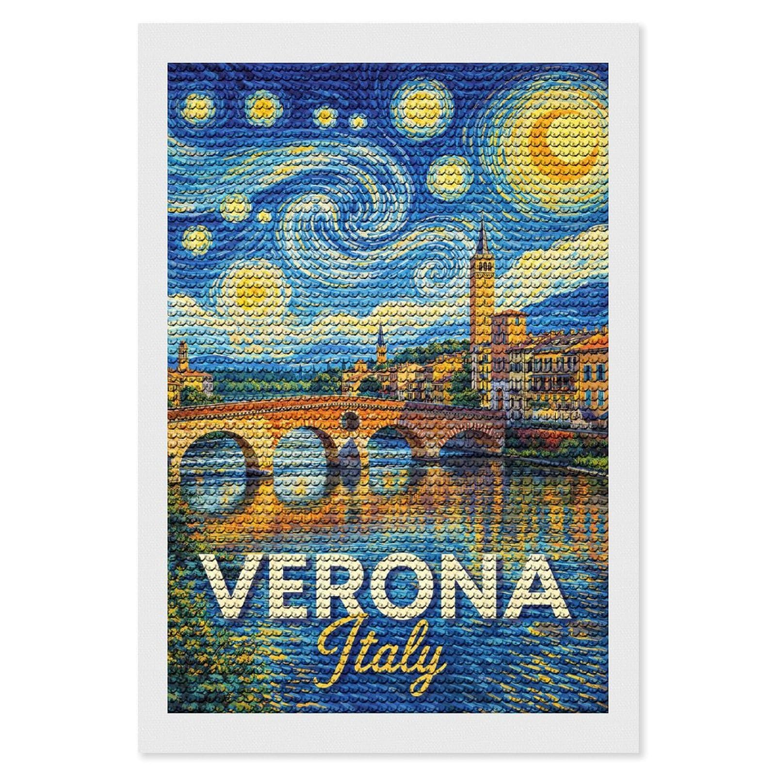 Junmoney Verona Italy Starry Night Painting DIY Diamond Art Canvas Kit 8"x12", Farmhouse Decor, Vintage Style Decor, Handmade Wall Decor, Canvas Picture