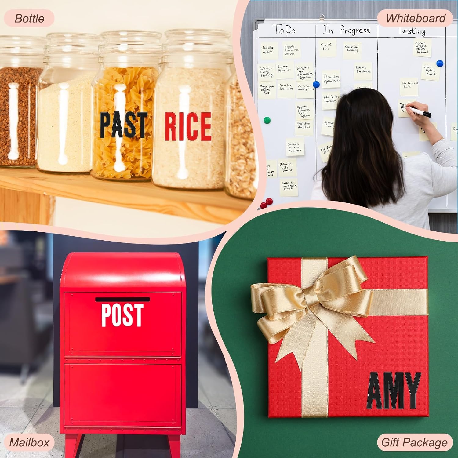 PATIKIL 312Pcs 2+1" Red Letter Stickers with 6 Roll 1/8" 164ft Whiteboard Tape, Self Adhesive Waterproof Alphabet Stickers Pinstripe Tape for Mailbox Scrapbook Sign, Style2, Red Black