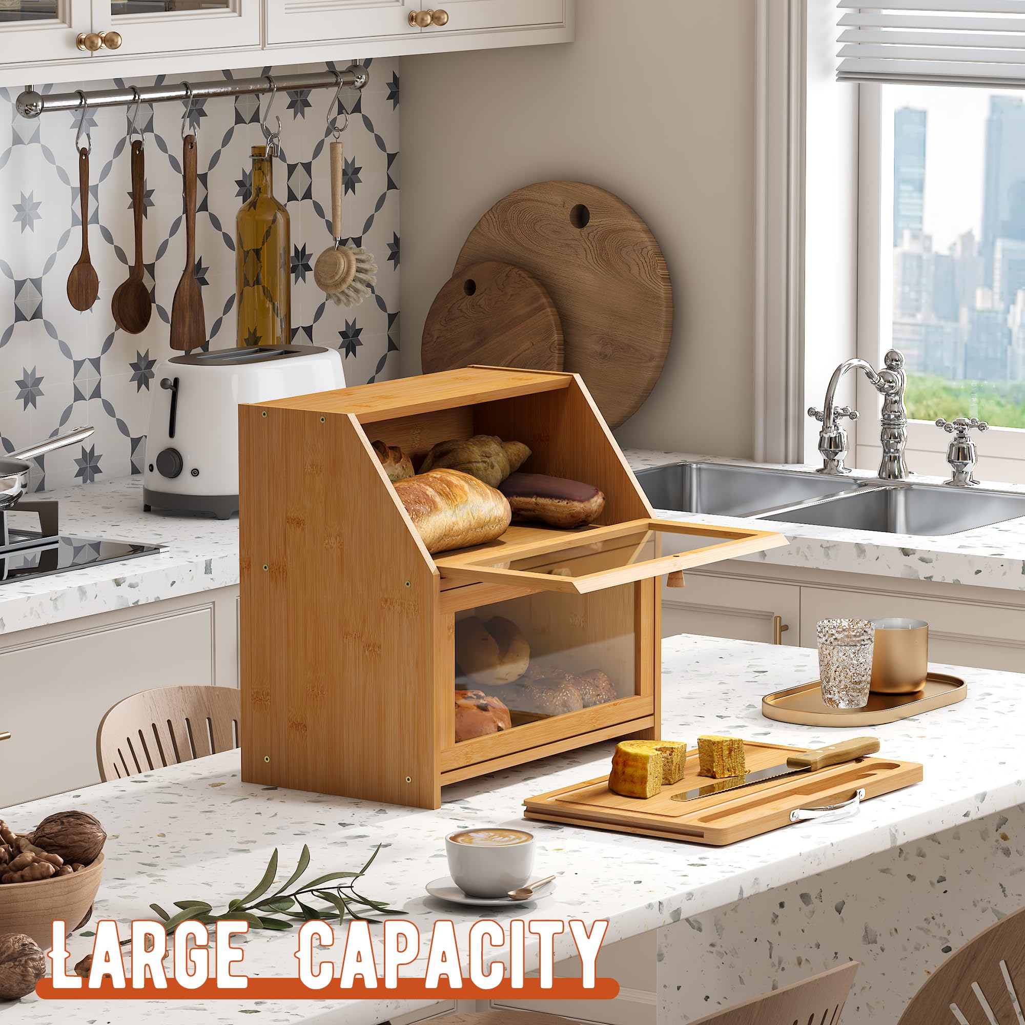 Corner Bread Box Bamboo Bread Box For Kitchen Counter | Double Layer ...