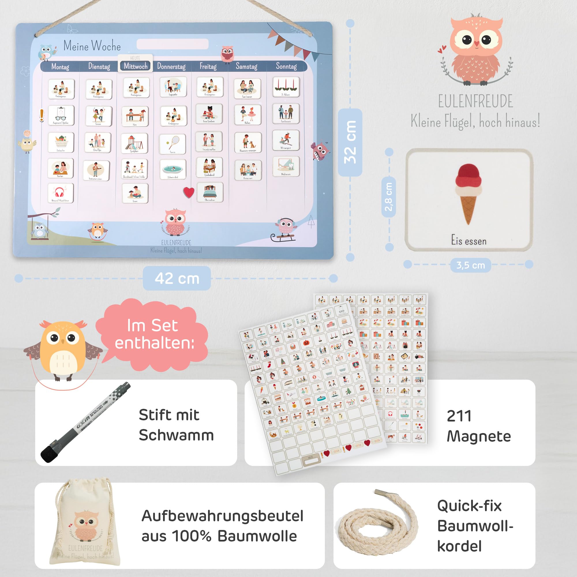 Wochenplaner Kinder - Montessori Magnettafel, 211 Magnete, beschreib- & abwischbar - Wochenplan Kinder fördert Selbstständigkeit & Struktur - Wochenplaner magnetisch mit Zubehör