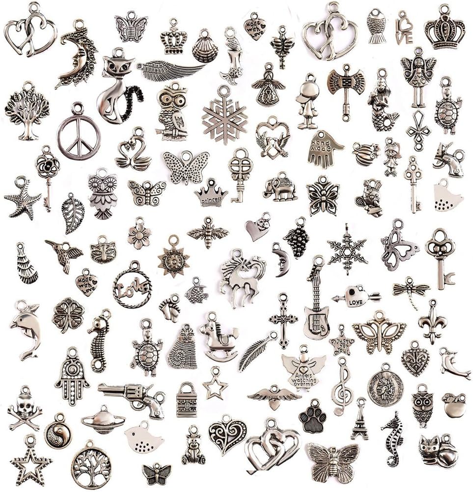 100Pcs Charms for Jewellery Making,Crafting,Tibetan Silver Mixed Pendants DIY for Earrings Necklace,Bracelets,Party and Wedding Favours