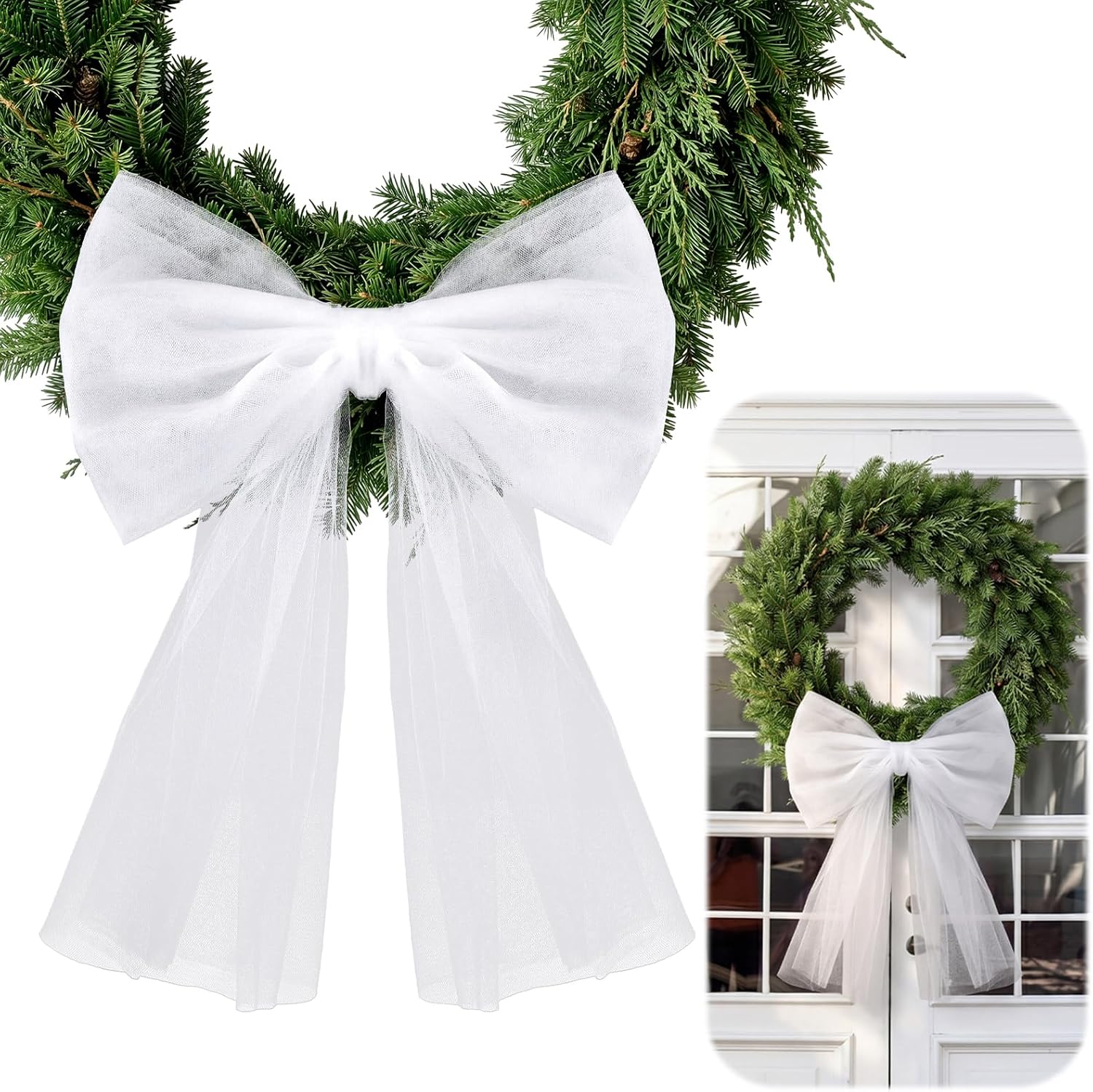 VitalCozy White Wreath Sash for Front Door Blank Satin Tulle Bow Wreath Sash Embroidery Monogram Plain Ribbon Accessories for Xmas Party Yard Doorway Indoor Outdoor Wall (4.5'' X 56'',Satin)