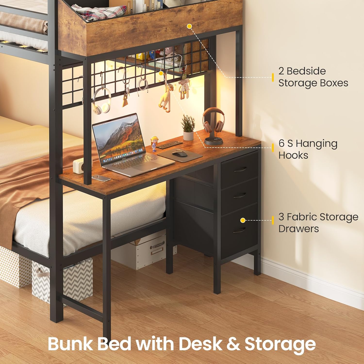 VIAGDO Bunk Bed Twin Over Twin with Charging Station and LED Lights, Heavy Duty Metal Bunk Bed with Desk and 3 Storage Drawers, Utility Storage Shelf and Boxes, No Box Spring Needed, Black