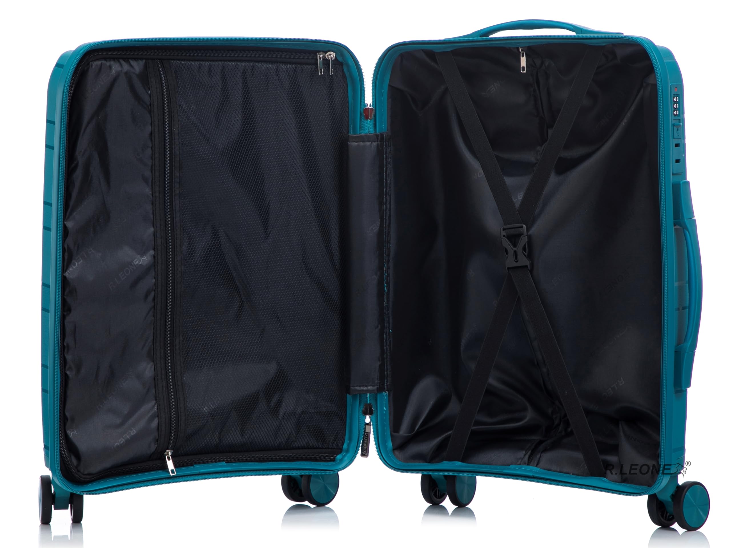 R.Leone Valigia da 1 Fino a Set 3 Bagaglio a mano 55x40x20 Ryanair, Medio, Grande Ultra Strong Antiurto Trolley leggero 8 ruote Polipropilene 9180 (Turchese, Set 3 Pezzi S M L)