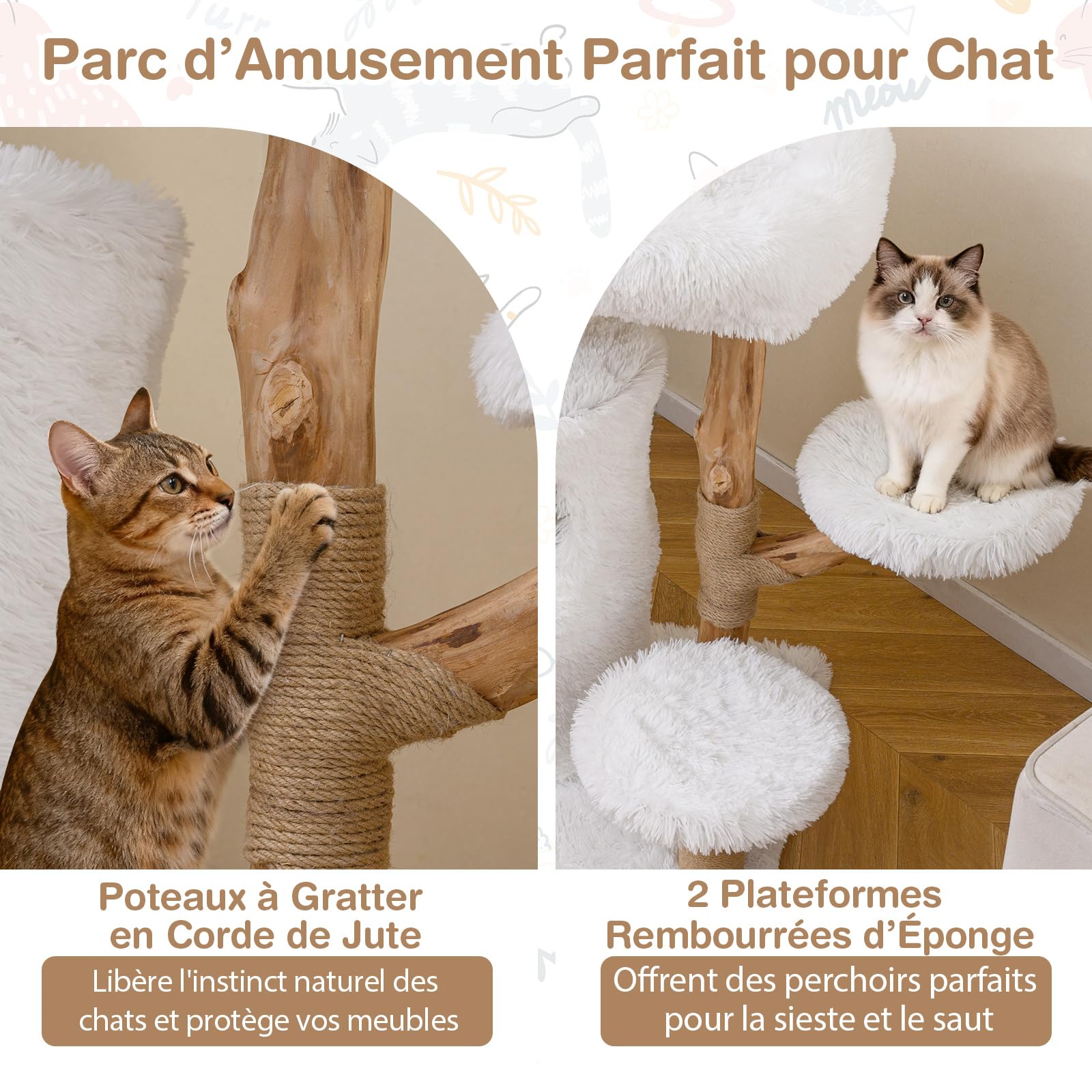 COSTWAY Arbre a Chat Bois de Poirier 93 cm, Condo à 2 Niveaux, 3 Poteaux à Griffer en Jute, 4 Plateformes, Arbre à Chat Maine Coon, Base Épaisse à 2 Couches, Cushion Amovible (93 cm,Blanc+Naturel)