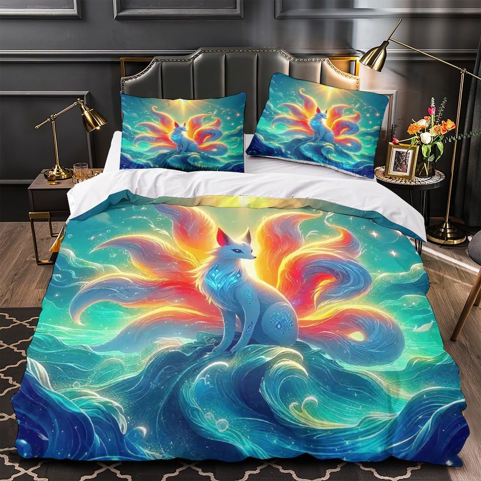 Fox à neuf queues ensemble de lit imprimé 3D microfibre housse de couette 220x240cm