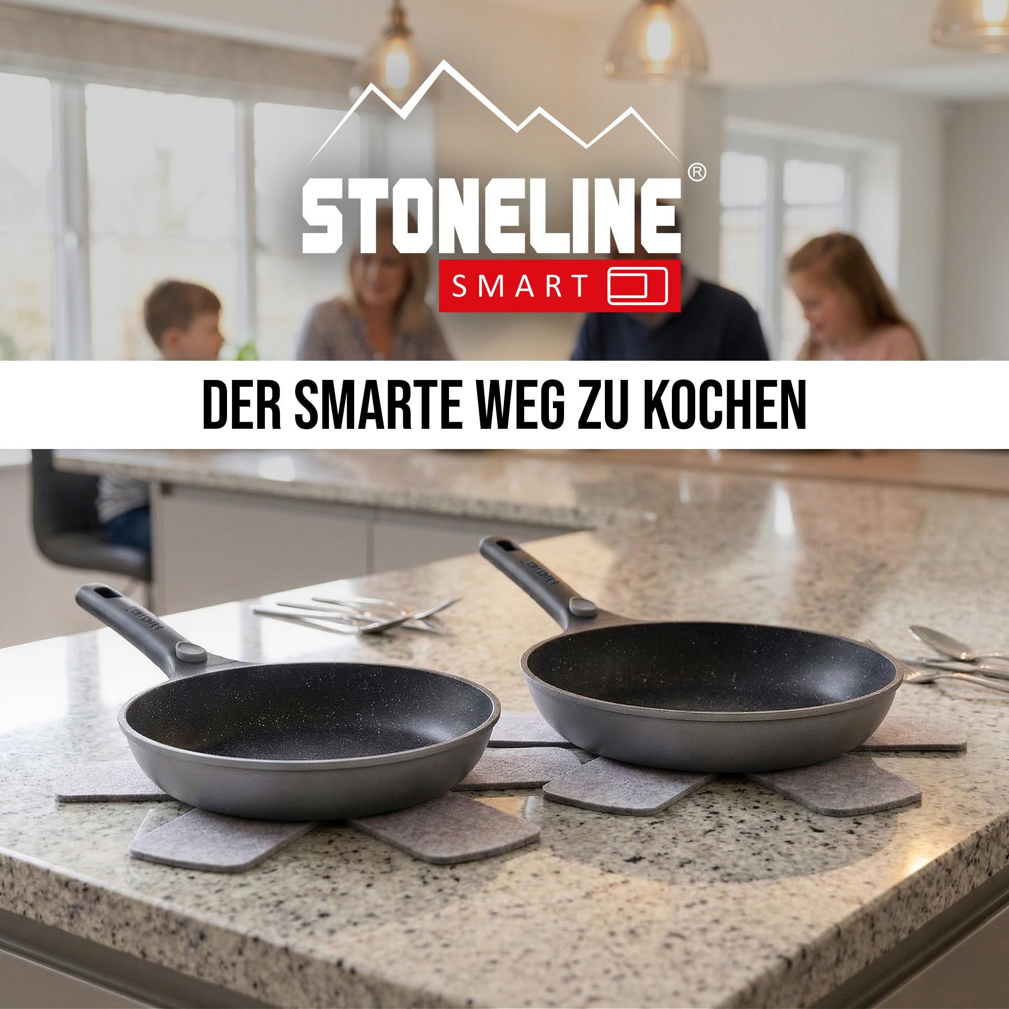 STONELINE SMART Juego de Sartenes 2 Piezas 24/28 cm, Sartén Grande Aluminio Fundido, Mango Desmontable, Sartén Inducción, Todo Tipo de Cocinas, Antiadherente con Partículas de Piedra Reales, Gris