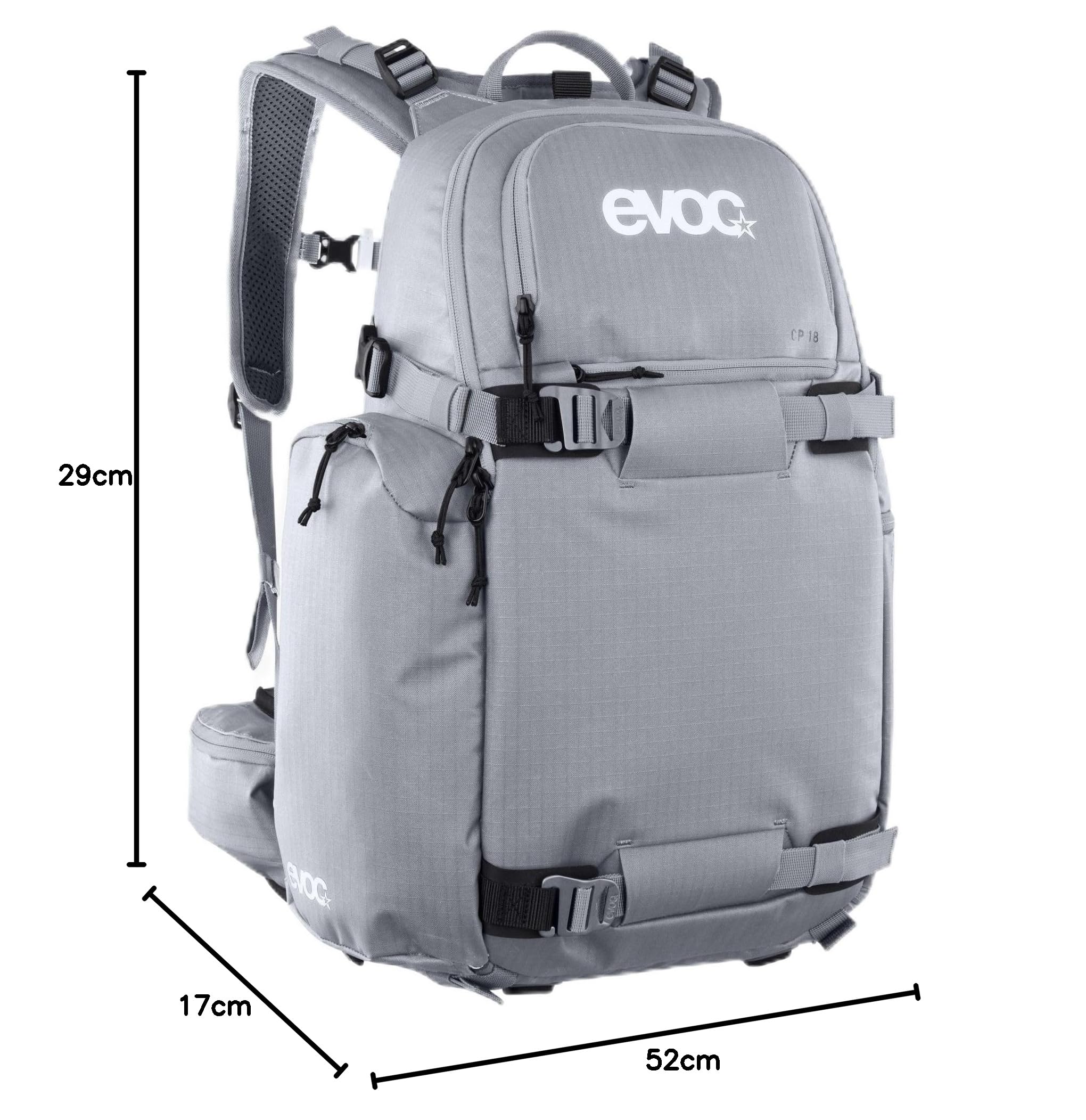 Plecak sportowy EVOC CP 18, lekki plecak trekkingowy (podział 50/50 na aparat i sprzęt, elastyczny pas biodrowy na plecaku, wymiary: 17 x 52 x 29 cm, pojemność: 18 l), kamienny szary