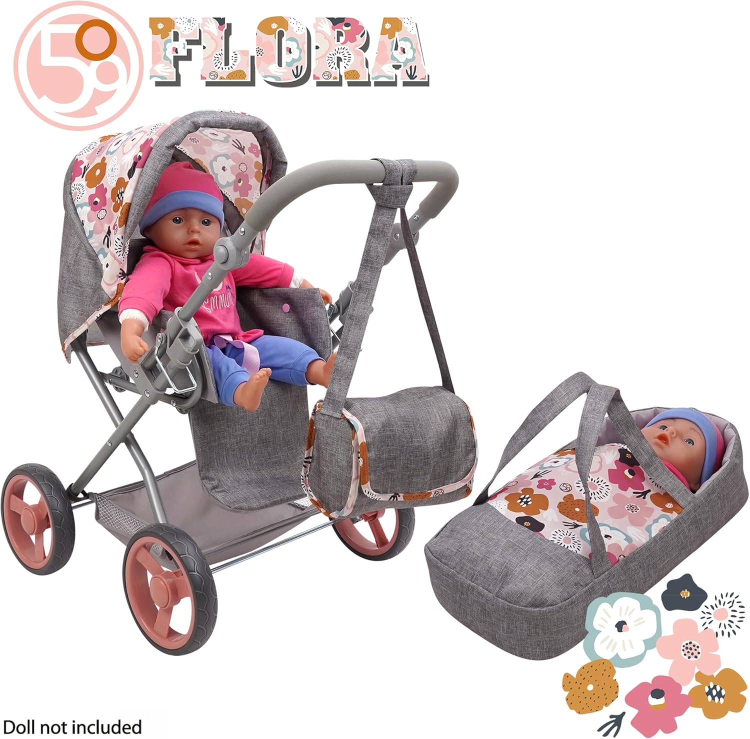 509 Crew: Melange Flora - Kelly Deluxe Doll Pram - Matching Bag, Removable Carrycot, Large Canopy, Shopping Basket, Doll Accessory, Kids Toy, Ages 3+