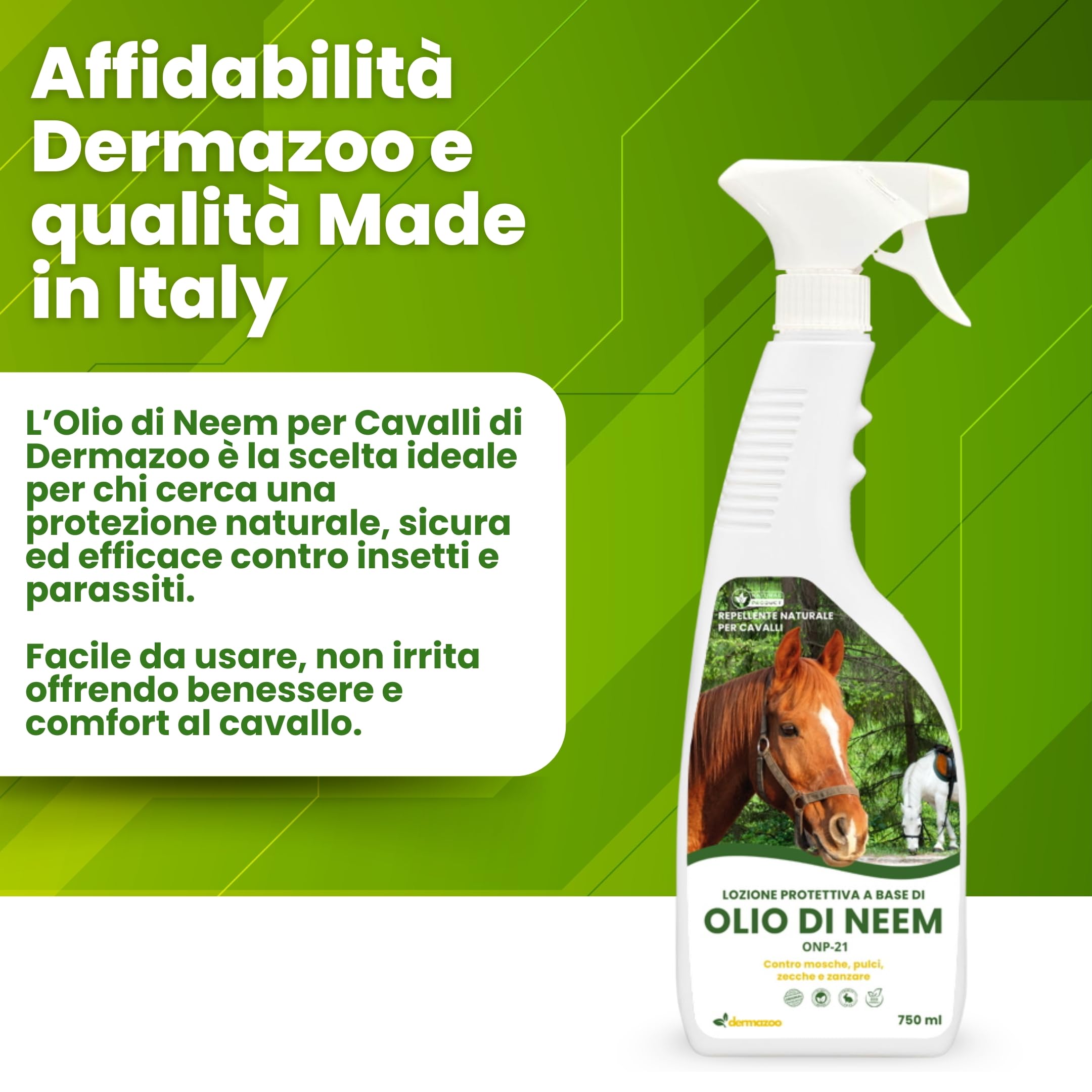 Dermazoo Olio di Neem per Cavalli ONP-21, Repellente Cavalli Antipulci 2 x 750ml, per Pidocchi, Zanzare, Zecche, Mosche e Tafani, Lozione Spray Antizanzare Sicura, Naturale e Specifica