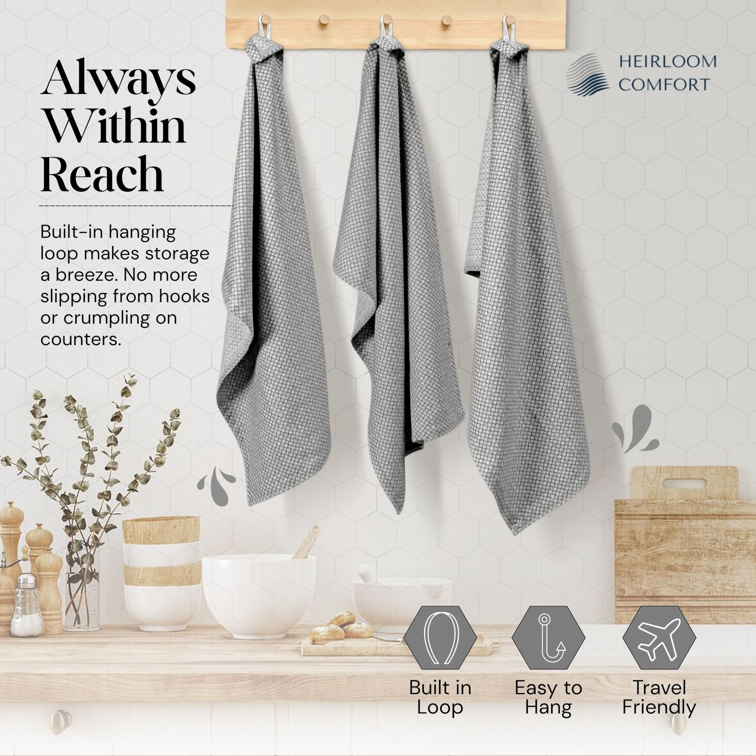 Strofinacci da cucina grigi a nido d'ape, 40 x 66 cm, 100% cotone, ad asciugatura rapida, ultra assorbenti, riutilizzabili, per asciugare i piatti, la pulizia e gli accessori per la