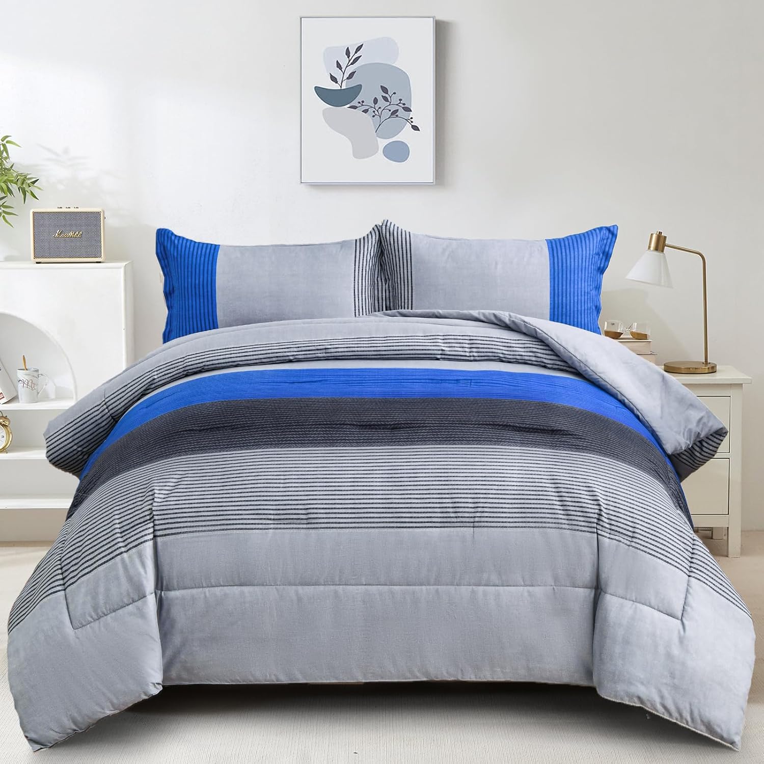 WONGS BEDDING Blue Stripe Comforter Set Full Reversible Grey Blue Patchwork Bedding Comforter Set for Full Bed, 3 Pieces (1 Comforter+2 Pillowcase), Soft Microfiber Filling Duvet Set 78"×90" Full Blue