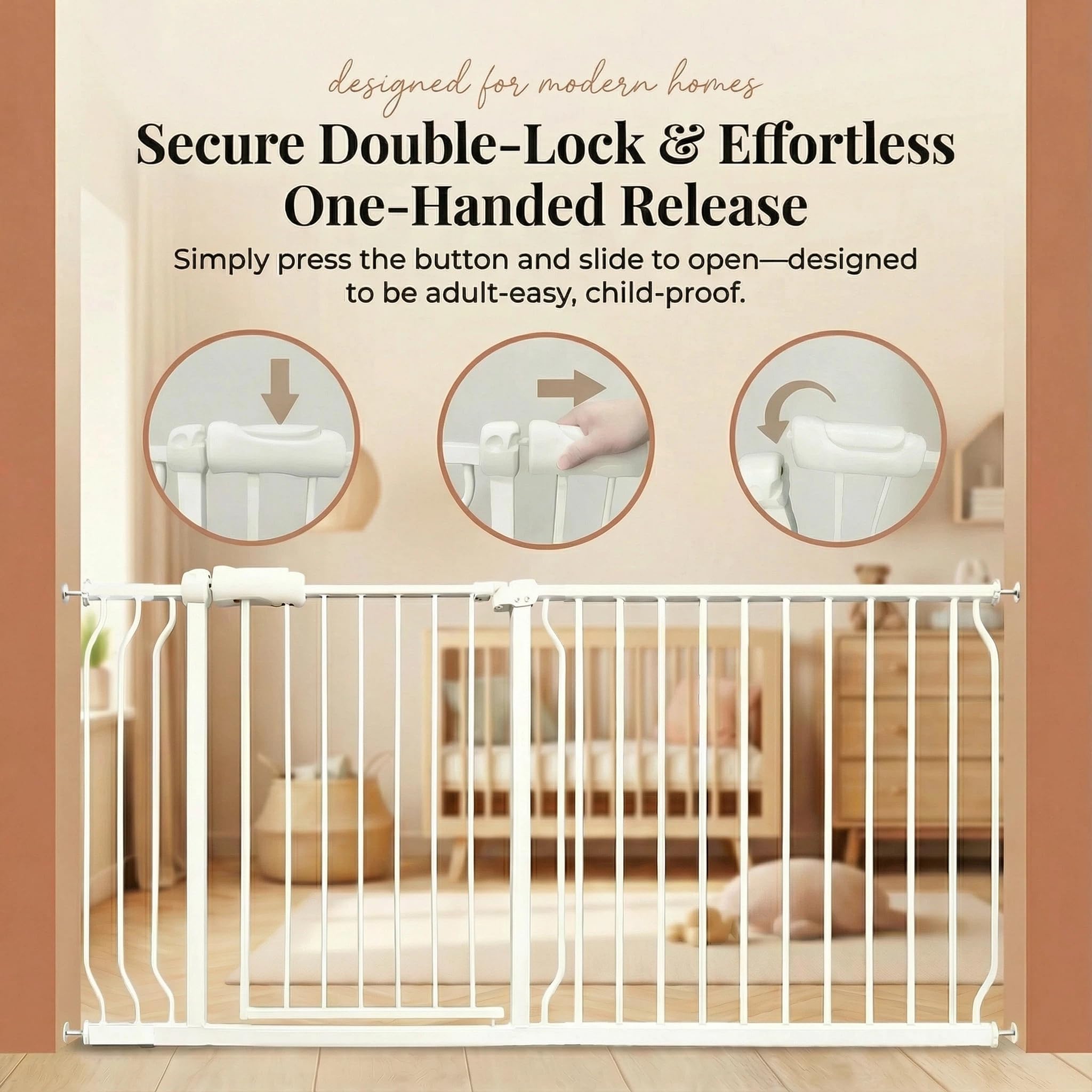 Puerta extra ancha para bebés de 85.8 a 90.5 pulgadas, montada a presión, sin taladrar, para escaleras y puertas, puerta de seguridad interior de metal blanco para niños y perros