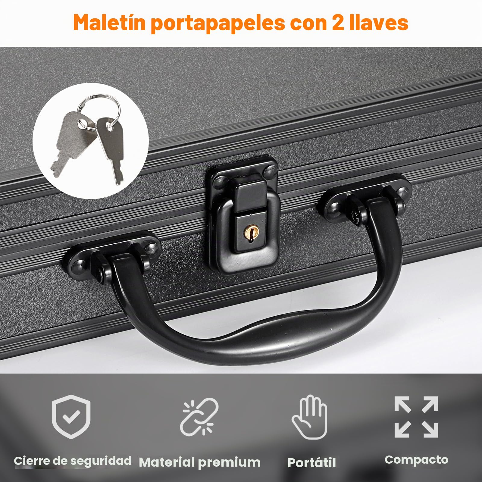 Maletín de aluminio para documentos con cerradura, A4, maletín con llave, resistente al agua, portátil, de aluminio, para oficina, negocios, negro, para hombre y mujer, 32 x 24 x 7,5 cm