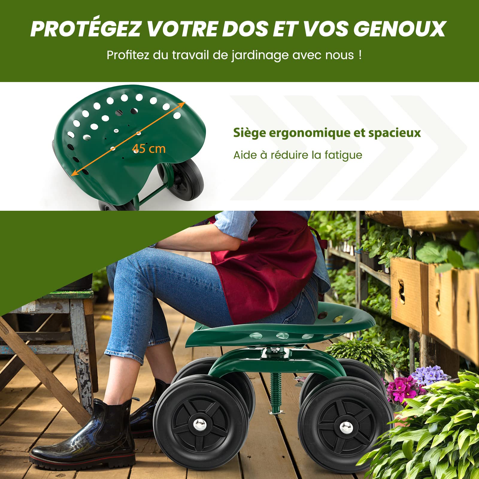 COSTWAY Siège de Jardin Roulant pour Travail avec Hauteur Réglable 28-40,5 cm, Tabouret de Jardinage avec Siège Pivotant à 360° sur Larges Roues Charge 150KG, pour Pelouse Atelier