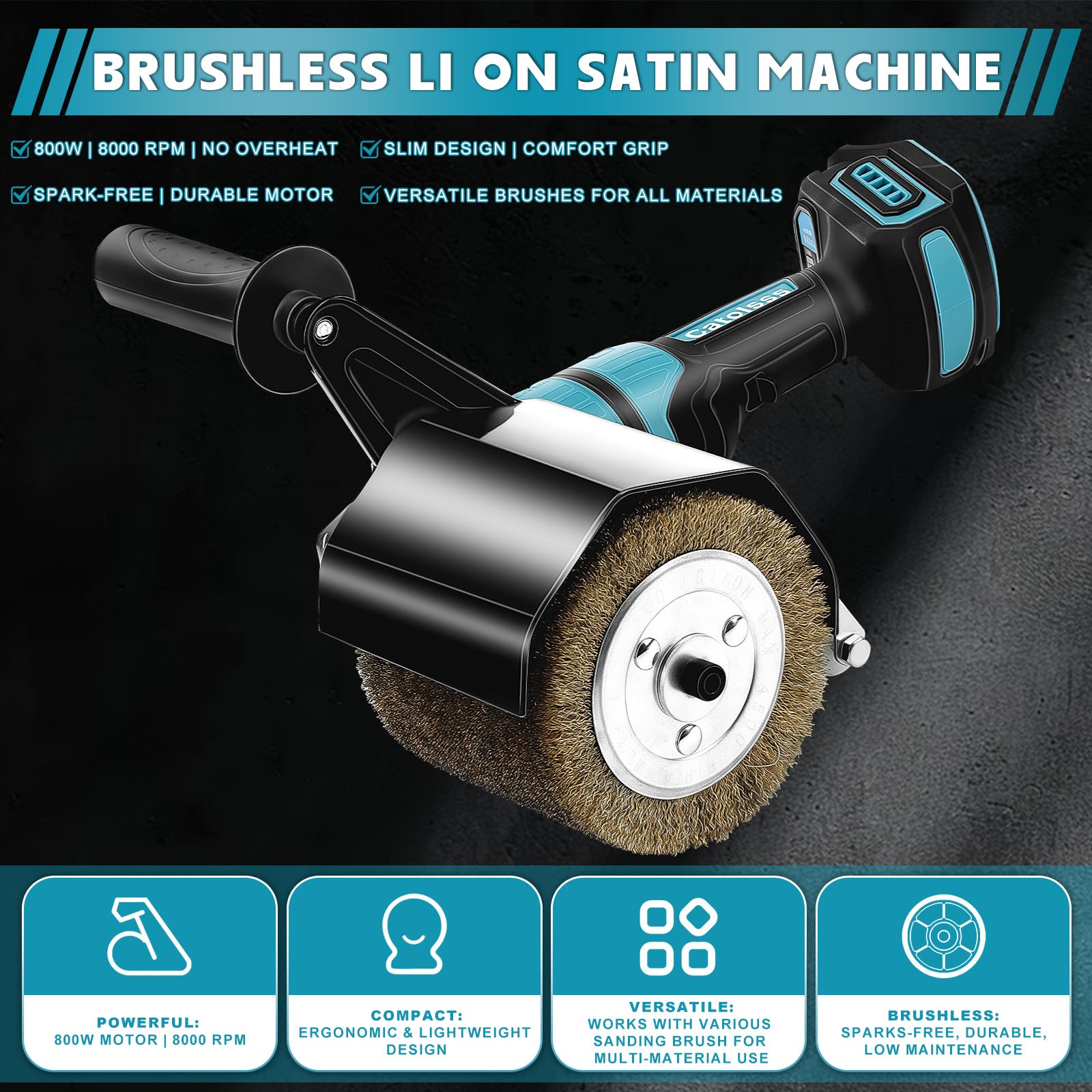 Ponceuse à brosse sans fil 800 W compatible avec Ma-kita 18 V, bouton rotatif à 6 vitesses, machine à satiner 8000 tr/min pour rénovation extérieure, 2 brosses à lamelles et accessoires (sans
