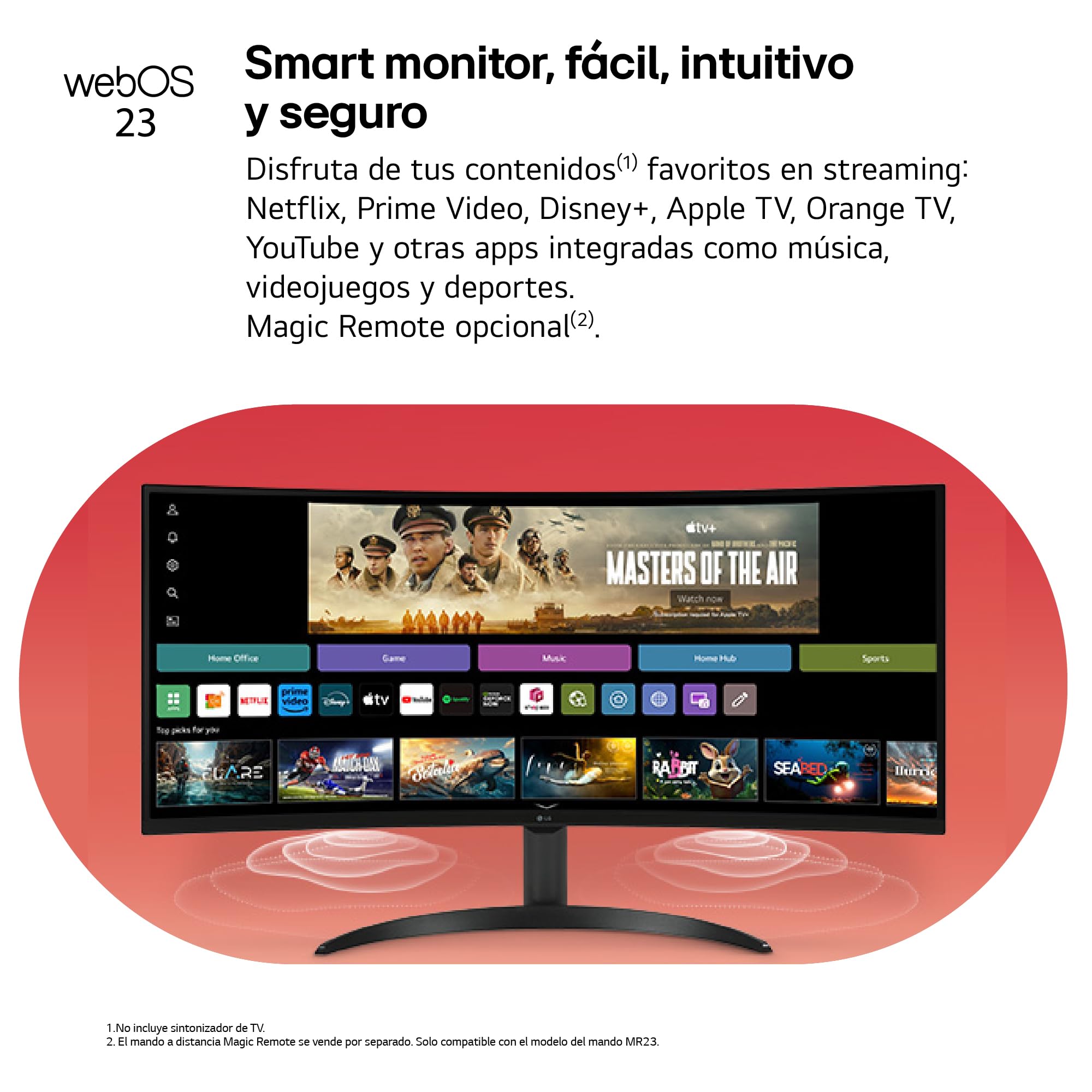 LG 34SR65QC-B - Smart Monitor, 34", Pantalla VA, 3440x1440 UWQHD, VA, (21:9), webOS23, 300 nits, con Mando, Sin Cámara, Inclinación Ajustable, Negro