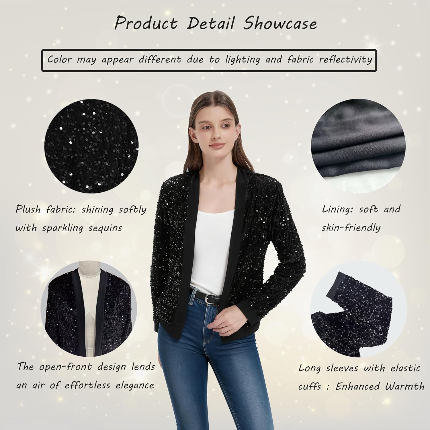 Women's Sparkling Sequin Jacket Sparkly Blazer Open Front Glitter Cardigan Long Sleeve Coat for Casual Party Cocktail - Image 3