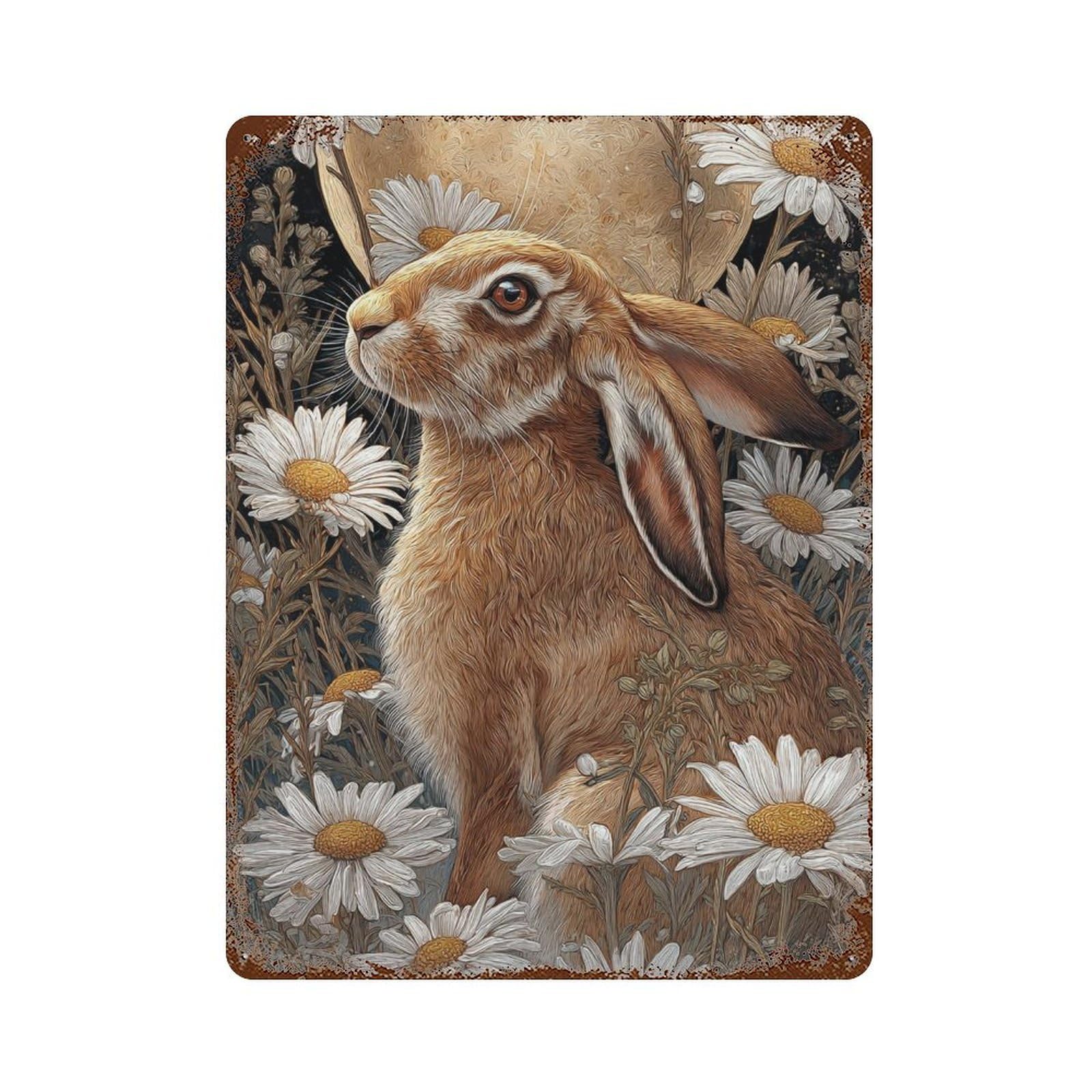 Rabbit in Daisy Field -1 Rust Effect Tin Sign 15.7"x11.8", Decorative Metal Wall Art for Living Room, Hallway And Home Decor
