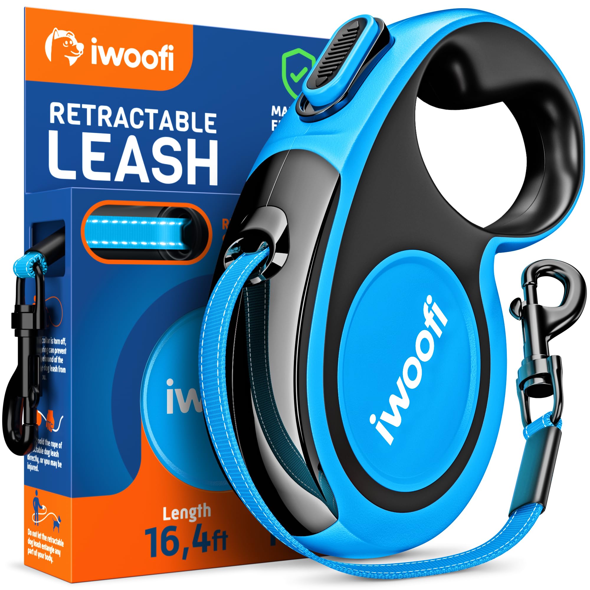 Retractable Dog Leash with Anti-Slip Soft Grip - 16, ft' Heavy Duty Reflective Nylon Tape Lead for Pets up to 110 lbs - Long Dog Leash with Anti-Twist Protection (Blue 0-110 lbs)