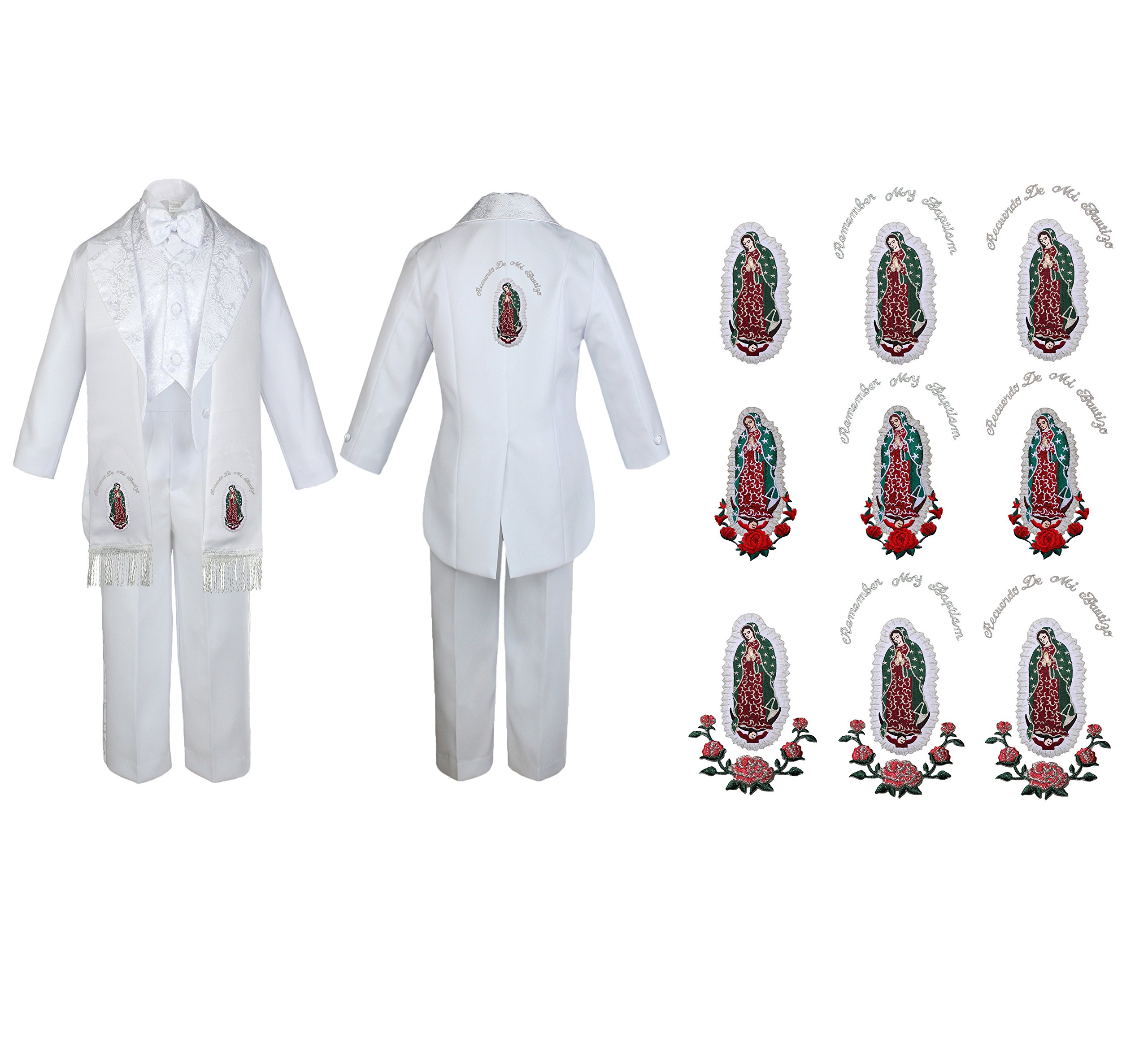 Unotux Baby Boy Teen Baptism White Tail Suit Silver Guadalupe Stole & Back SM-20