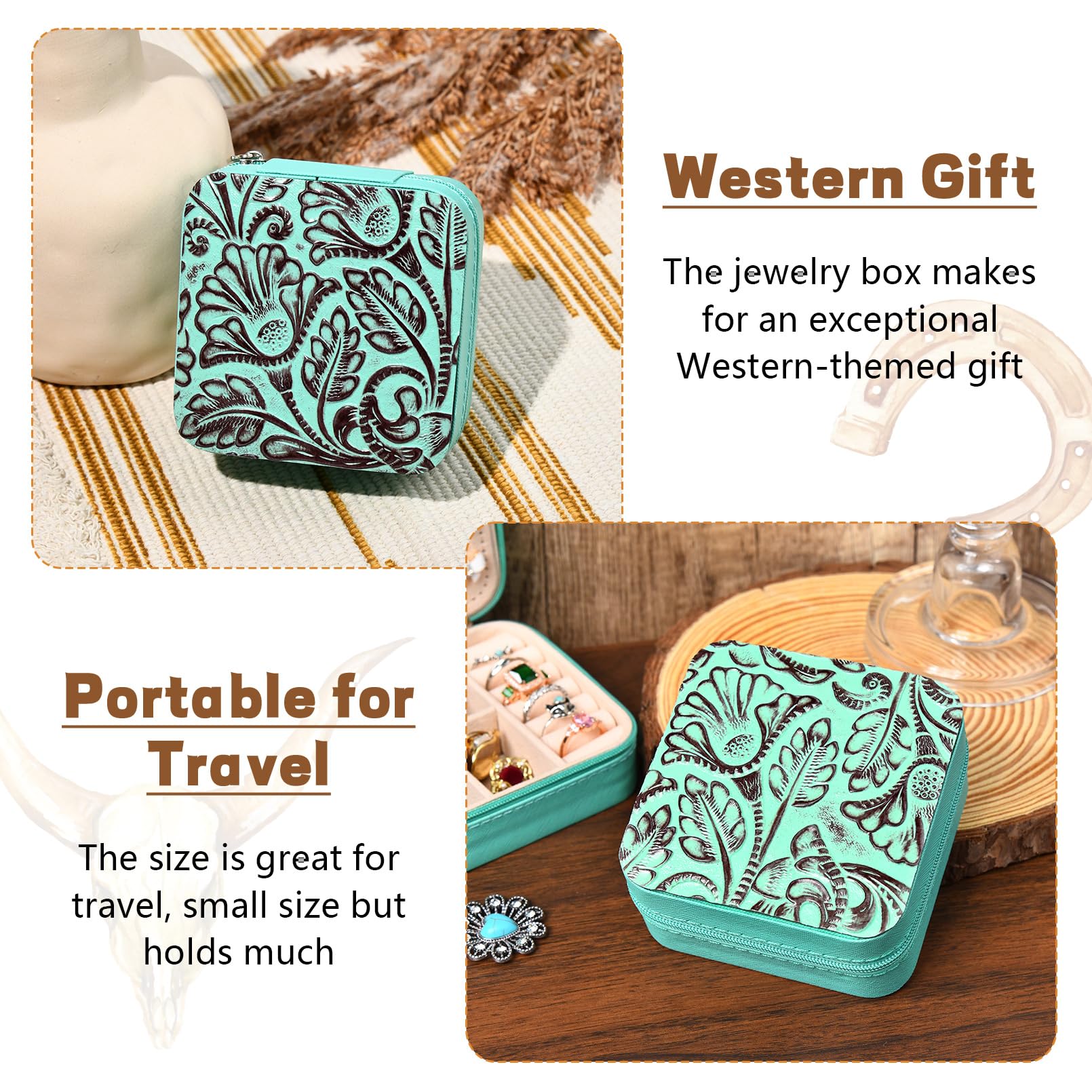 DEEKA Western Jewelry Box Case Prawdziwa skóra turkusowa i brązowa tłoczona biżuteria podróżna organizer prezenty prezenty świąteczne dla kobiet wiejskie dziewczyny kowbojka rzeczy przenośne akcesoria