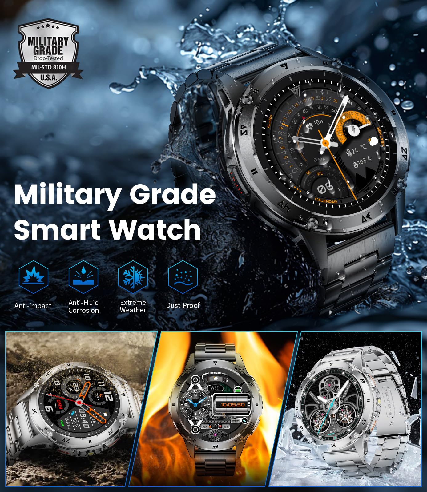 Montre Connectée Homme, Appels Bluetooth, 1,43" AMOLED Écran, Lampe Torche, 110+ Modes Sportifs, Montre de Fitness/Fréquence Cardiaque/Sommeil, IP68, Compatible Android et iOS, Noire