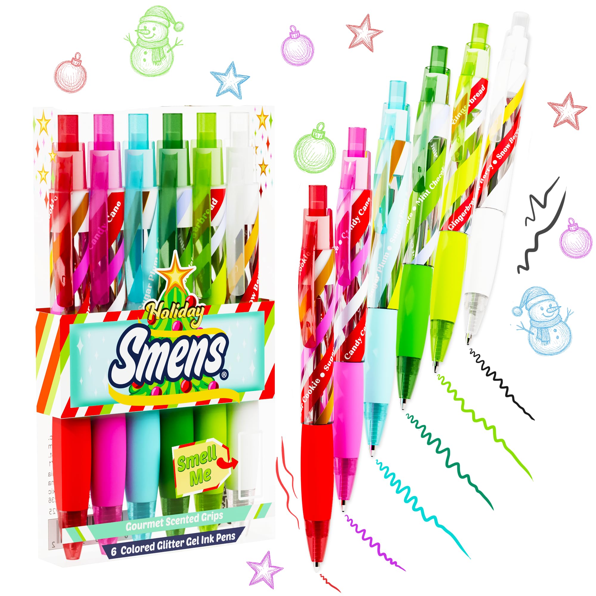 Holiday Smens - Patented Gourmet Scented Colored Glitter Gel Ink Pens, Medium Point, 6 Count - Fun, Cute, Cool, Smelly Pens for Kids