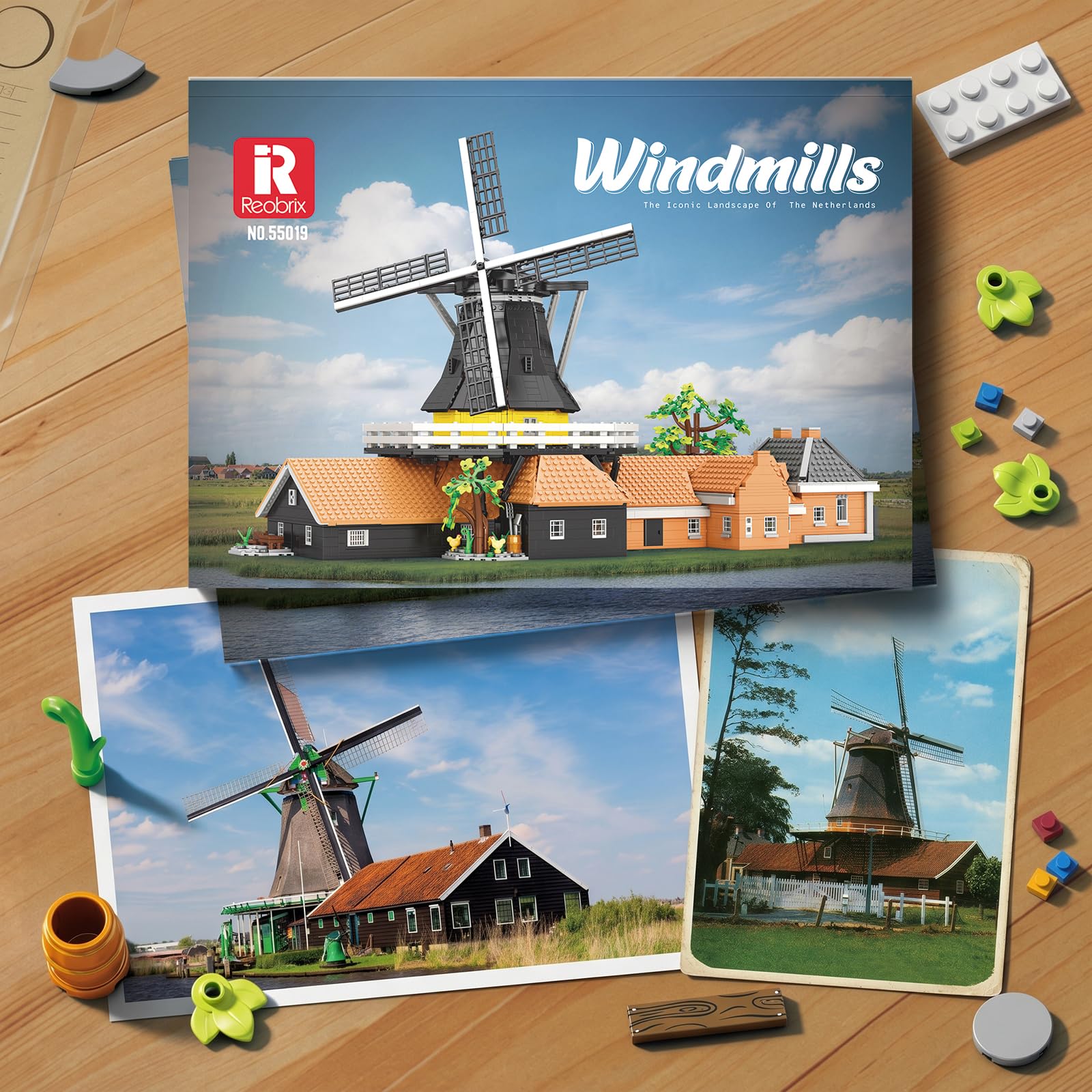 Reobrix 55019 Niederländische Windmühle Architektur Klemmbausteine Erwachse | Großes Windmühlenmodell mit Drehbare Windmühlenflügel, Gestaltete Landschaft mit Pflanzen, Wegen, Dekorationen, Sammlermodell