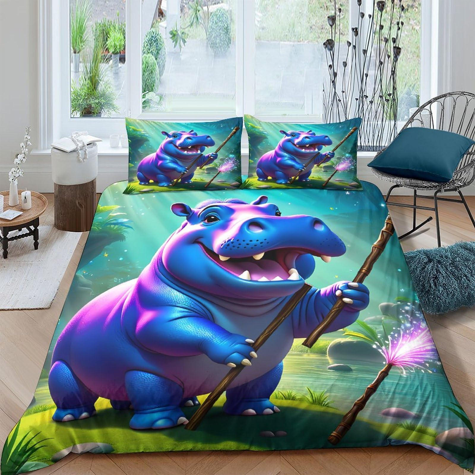 Ctjqhvkz Style-7 3D Printed Magical Hippo Fitted Sheet Microfiber Anti-Slip Fantasy Forest Bed Cover For Bedroom Guest Room Decor Single（135X200cm）