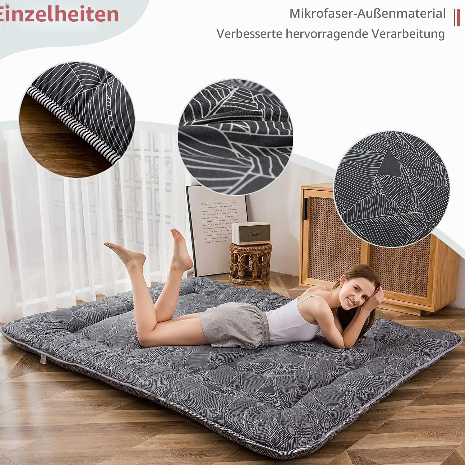 MAXYOYO Japanische Bodenmatratze, Futon-Matratze, Dicke Tatami-Matte, Isomatte, faltbar, aufrollbare Matratze, Schlafsaal, Bodenliege, Kissen (Blatt, Einzelbett)