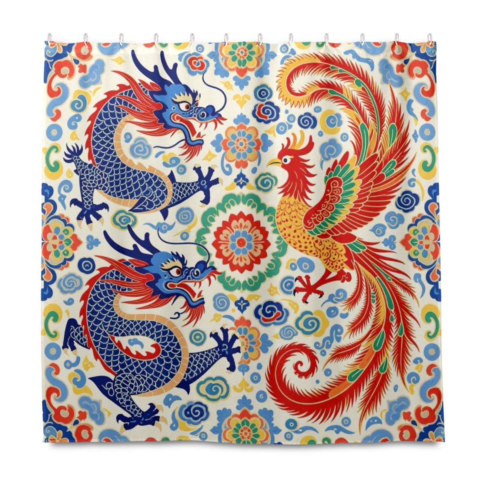 Rideau de douche dragon phénix en tissu hydrofuge 183x183cm