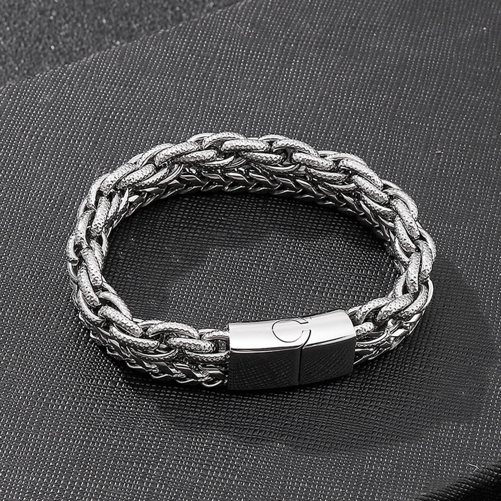 Bijoux Bracelet Homme Argent， Bracelet Cuir Homme Double Boucle Tressée Et Noeud Acier Inoxydable Bracelet 190X13mm