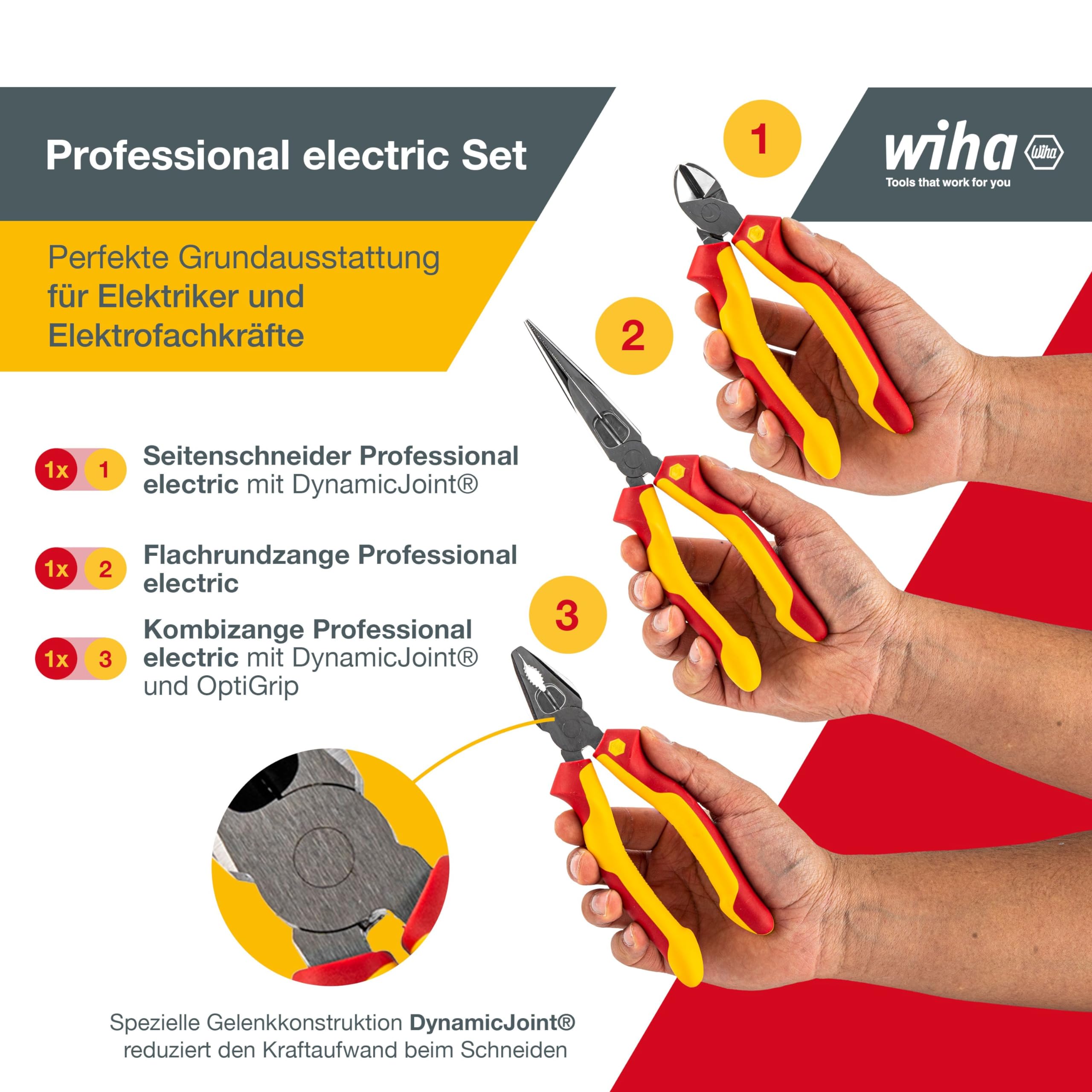 Wiha Zangen Set für Elektriker (26852) 3-tlg. I Universal Kombizange 180mm + Flachrundzange 200mm + Seitenschneider 160mm I Zangenset Elektro VDE