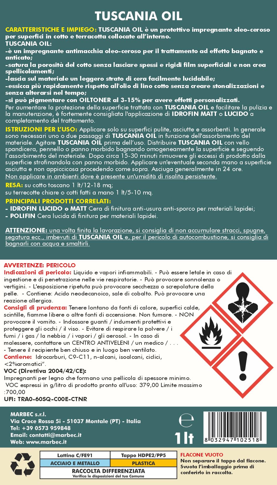 MARBEC TUSCANIA OIL 1LT Impregnante oleo-ceroso con Effetto Bagnato per Cotto