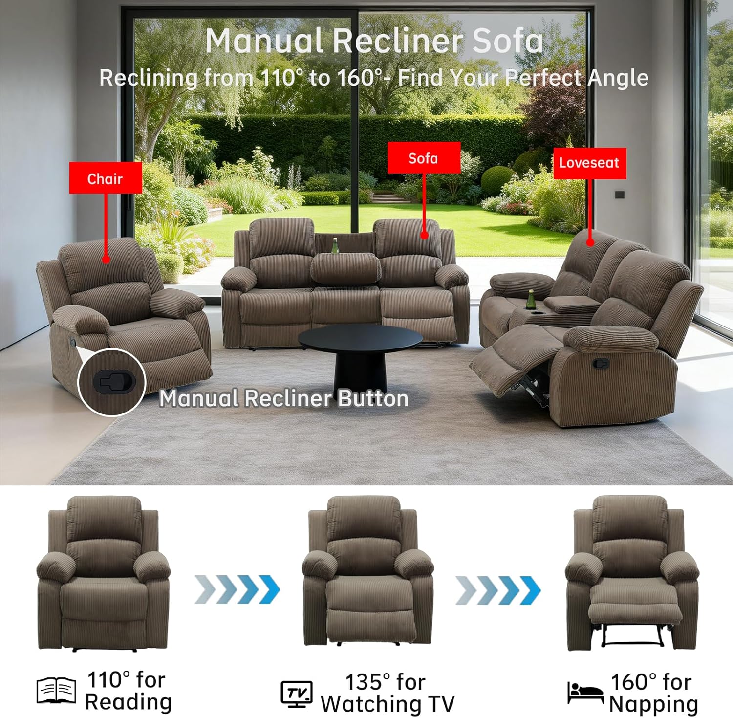 Living Room Furniture Set, Corduroy Sectional Recliner Sofa Set with Storage and Convertible Table, Manual Reclining Sectional Couch for Living Room, Office and Lounge (3PCS Set, Taupe)