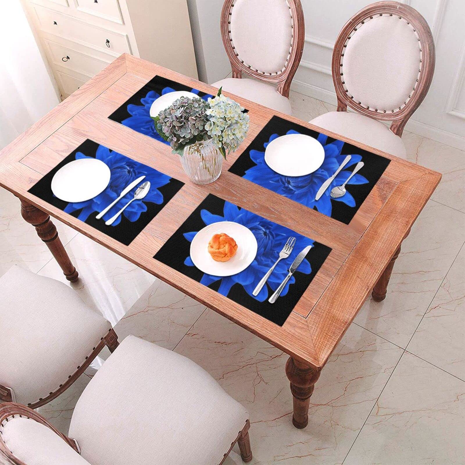 Candumy Tischsets 6 Stück Rund 38 Cm – Vinyl, Blau-metallic, Blumenmuster, Rutschfest & Hitzebeständig