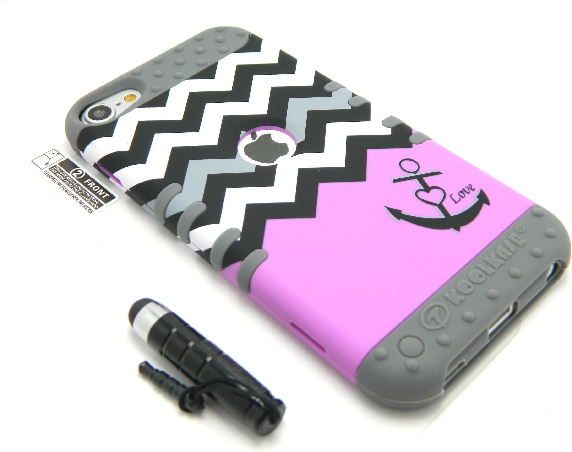 New 3-piece Impact Hybrid Combo Hard Case Cover For iPod Touch 5th Generation Chevron Stripes Soft Skin With Screen Guard and Stylus Pen (Purple Anchor/Gray)