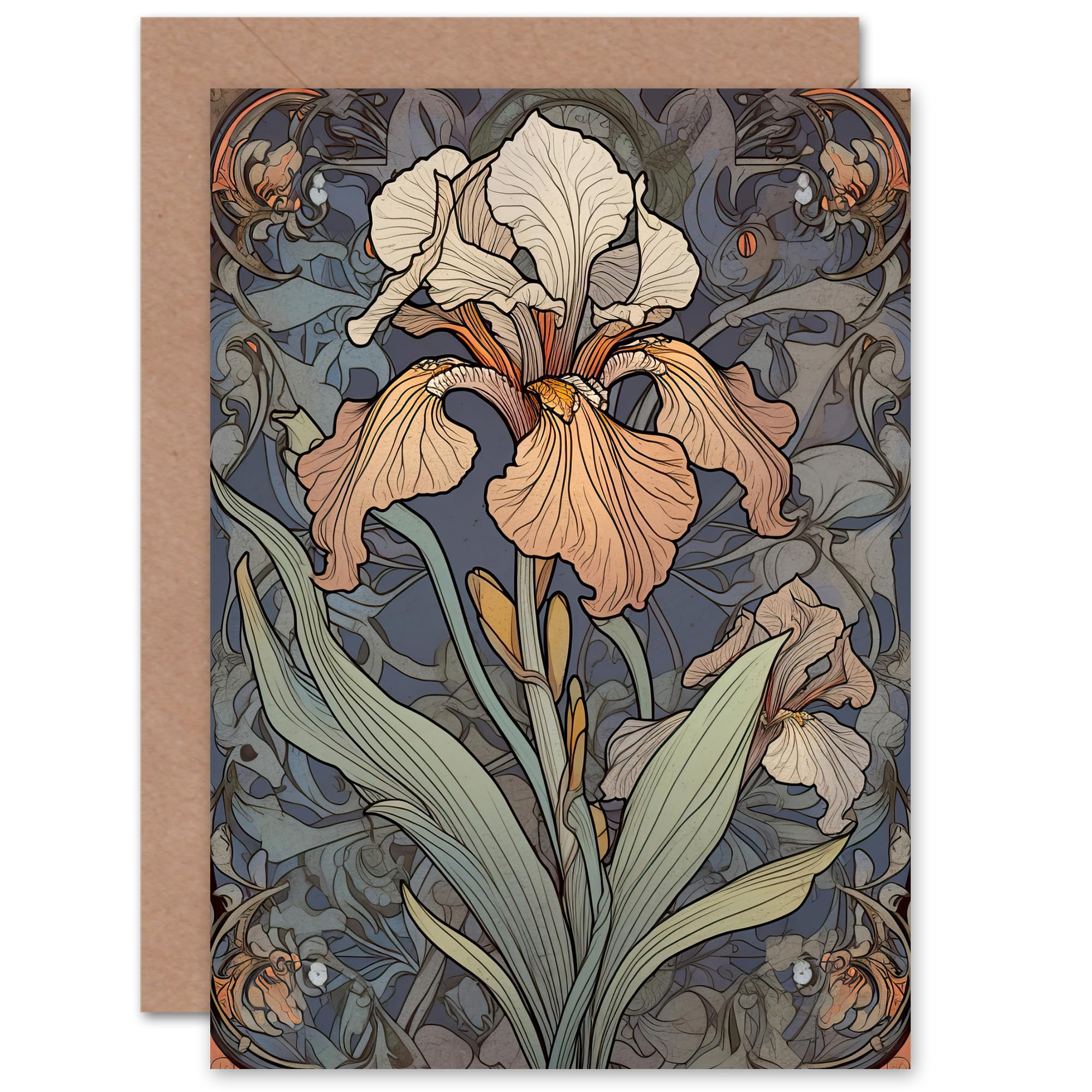 Artery8 Art Nouveau Style Iris Bloom Flower for Wife Her Mum Sister Daughter Mom Gran Nan Birthday Thank You Mothers Day Blank Art Greeting Card
