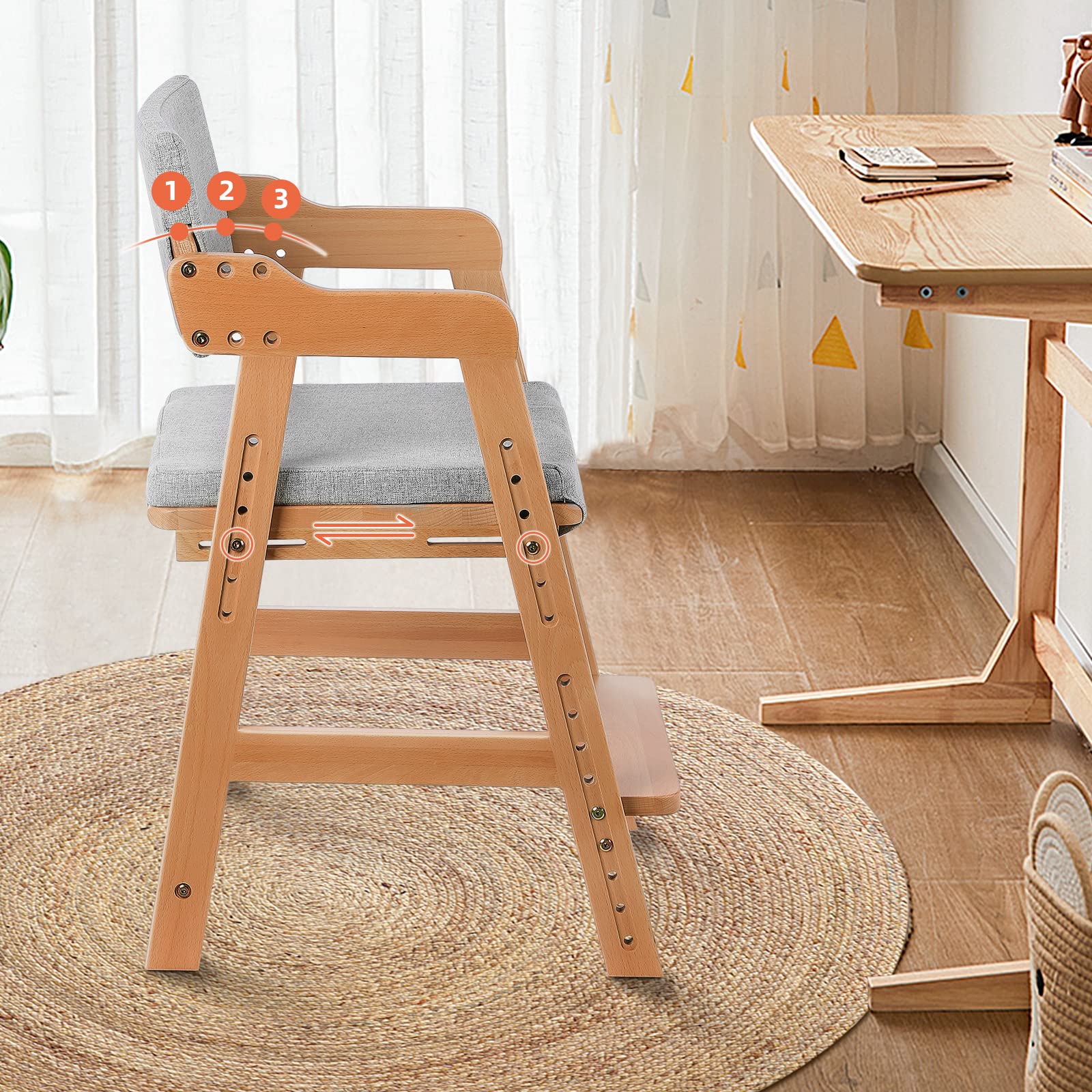 Ezebaby Hochstuhl, höhenverstellbarer Holzhochstuhl für kinder von 3 bis 12 Jahren Buchenholz Kinderstuhl, Lehrstuhl, Stabil & Sicher bis 90 kg für Kinder und Erwachsener (Natur)