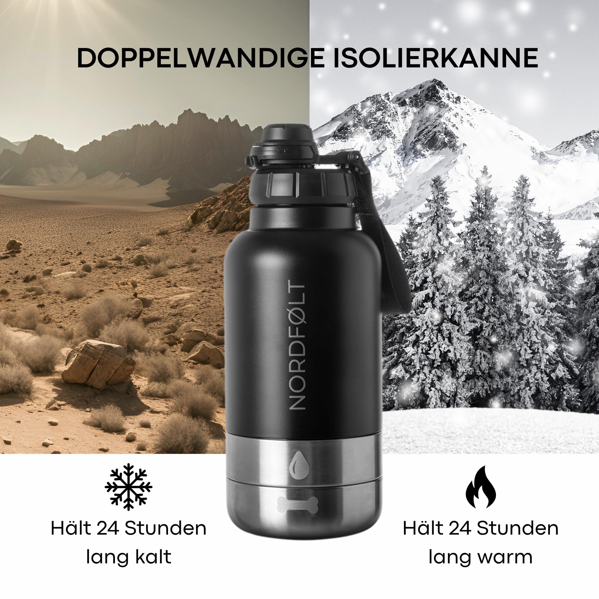 Trinkflasche Hunde Für Unterwegs, 4 in 1 Hundetrinkflasche für Unterwegs 950ml, Isolierflasche aus Edelstahl, Hundezubehör für Reise, Trinkflasche Hund mit Wassernapf und Futternapf, BPA-Frei