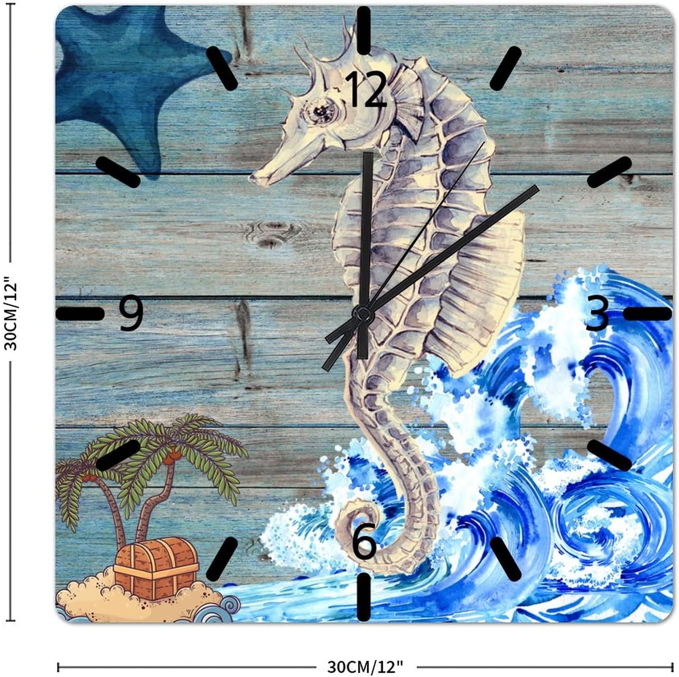 Colorful Seahorse Wood Wall Clock 12in Blue Wood Grain Hanging Clock Sea Life Clock Silent & Non-Ticking Battery Operated Thanksgiving Day Gift Home Accessories for Shelf Bathroom Shop Garden image 2